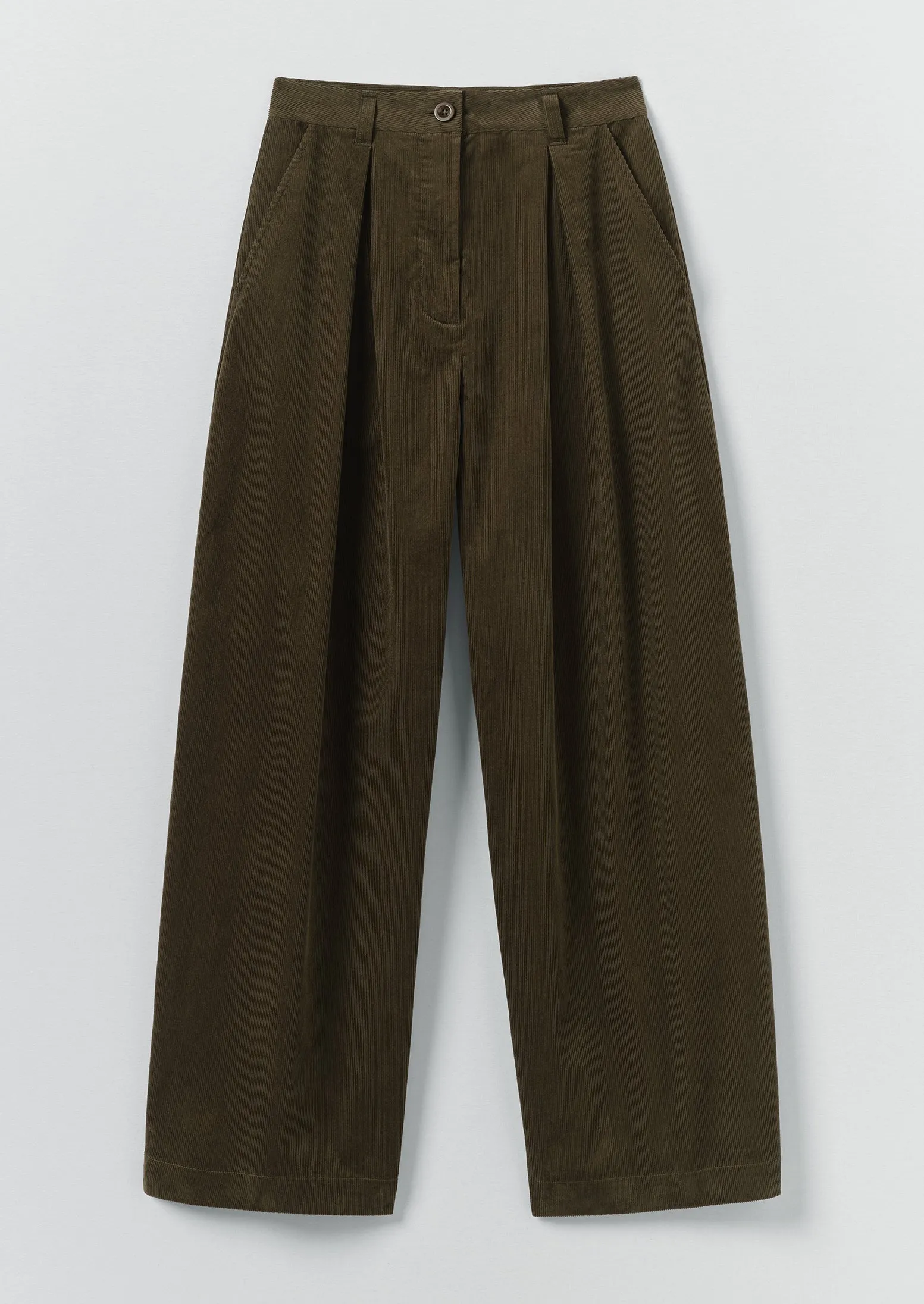 Organic Cord Box Pleat Trousers | Tent Green sold by TOAST