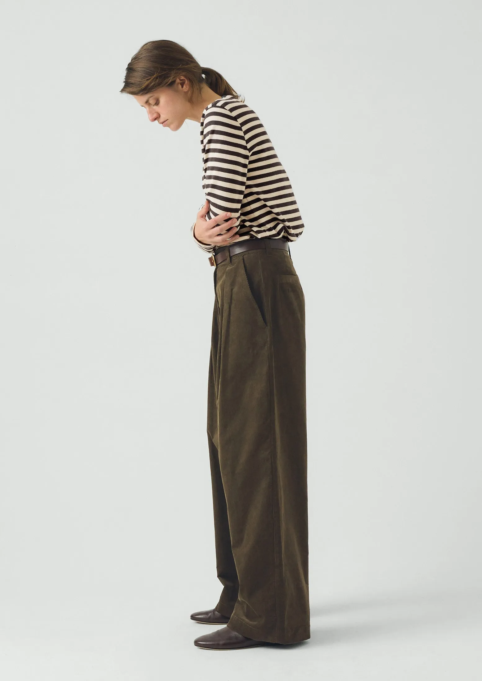 Organic Cord Box Pleat Trousers | Tent Green sold by TOAST product image thumbnail 2