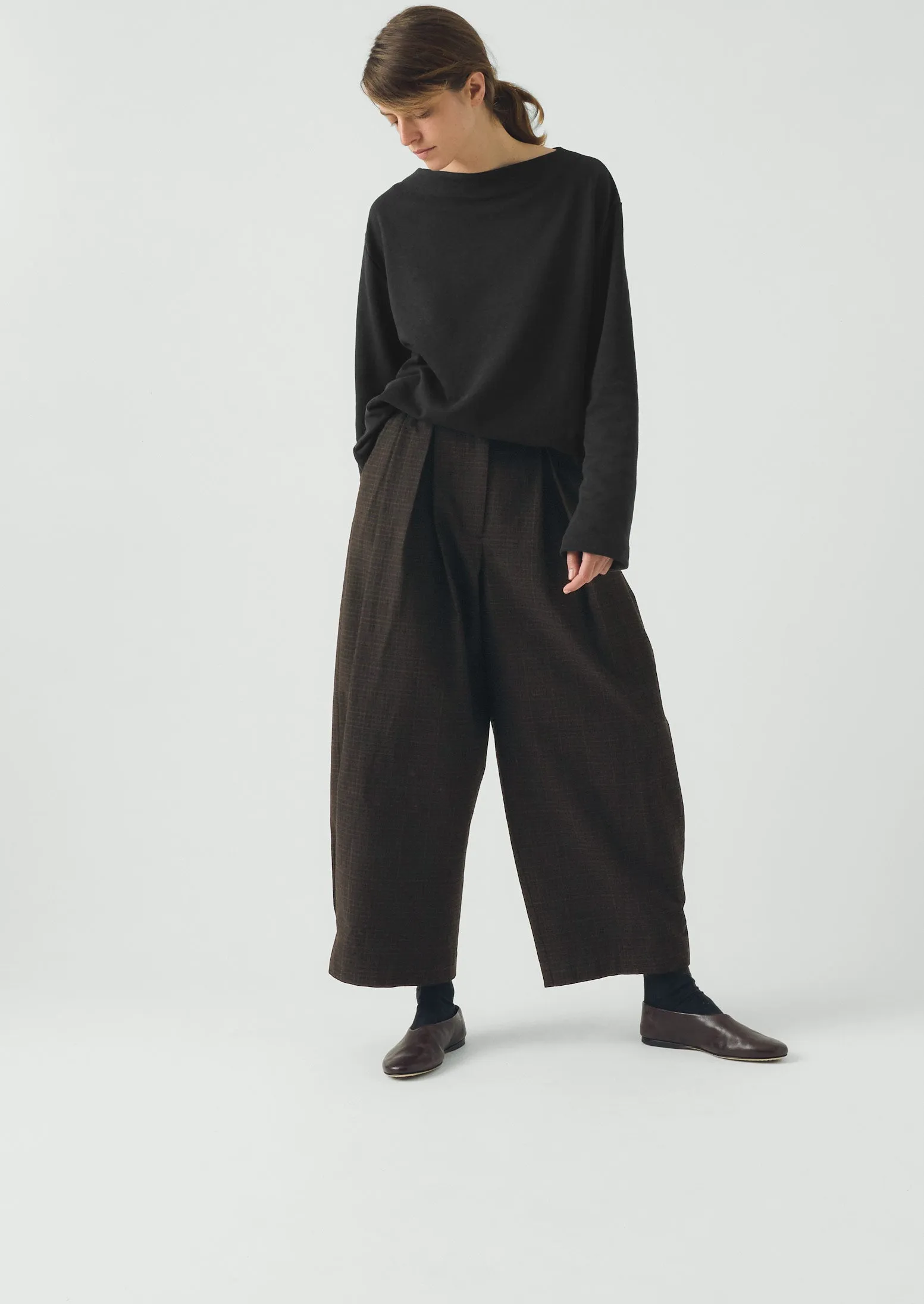 Check Cotton Wool Wide Leg Trousers | Slate sold by TOAST product image thumbnail 3