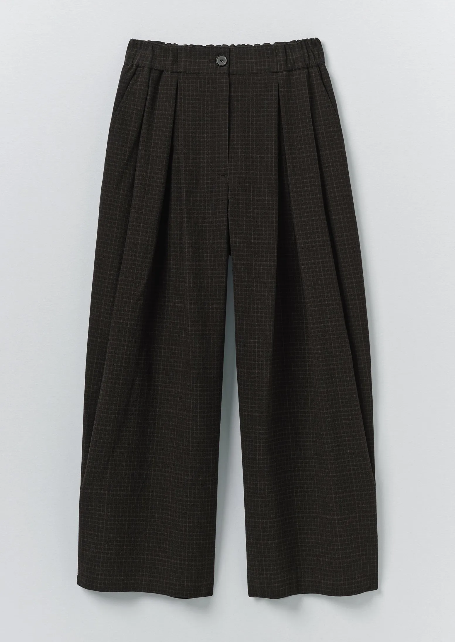 Check Cotton Wool Wide Leg Trousers | Slate sold by TOAST