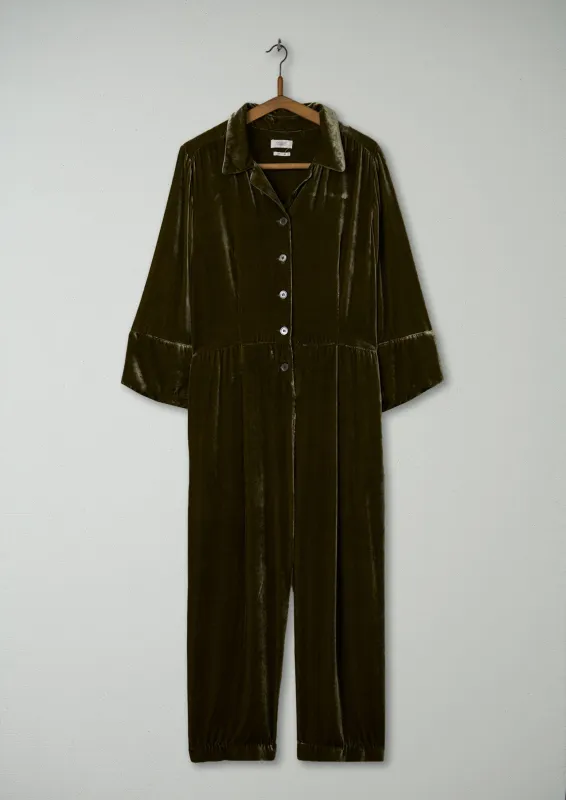 Reworn Silk Velvet Jumpsuit Size 18 (952) | Rich Olive sold by TOAST