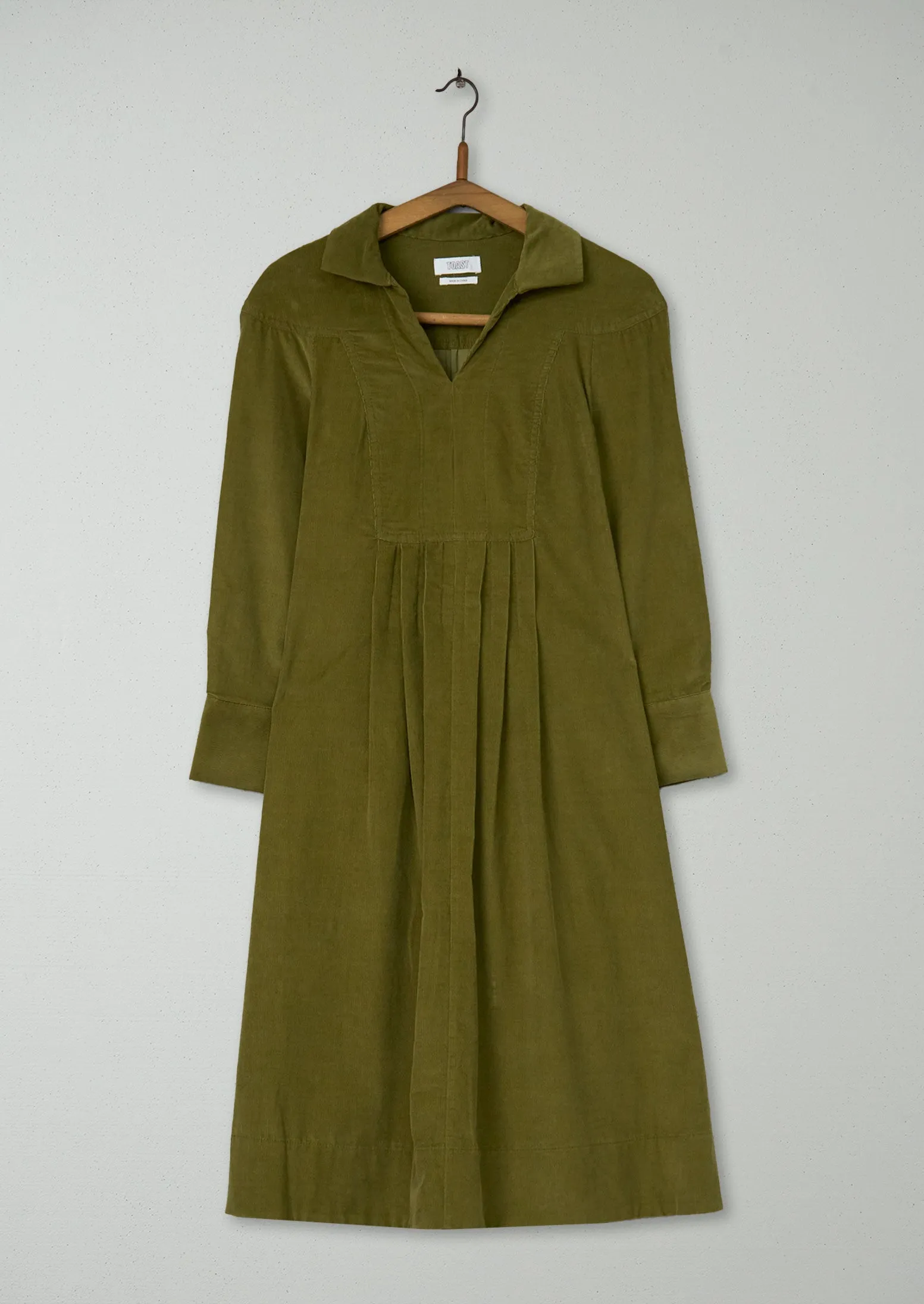 Reworn Pleated Needlecord Dress Size 6 (1447) | Antique Olive sold by TOAST