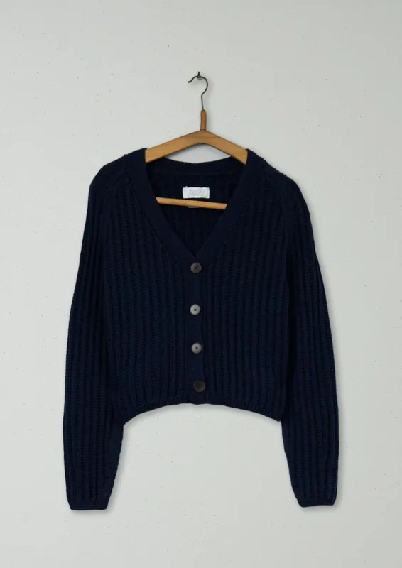 Reworn Ribbed Wool Cotton Cardigan Size S (440) | Navy sold by TOAST