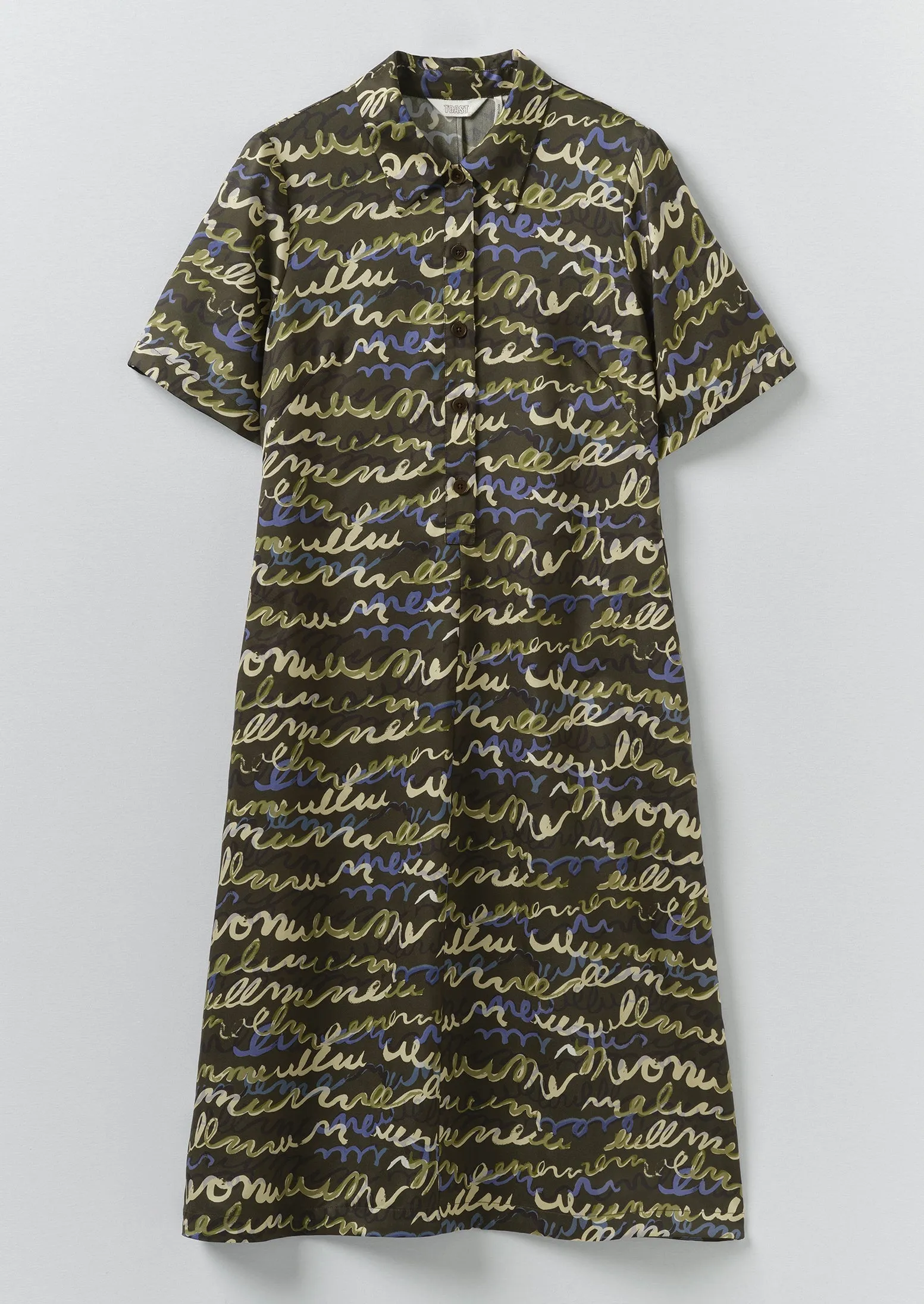 Script Print Fluid Shirt Dress | Avocado Rind sold by TOAST