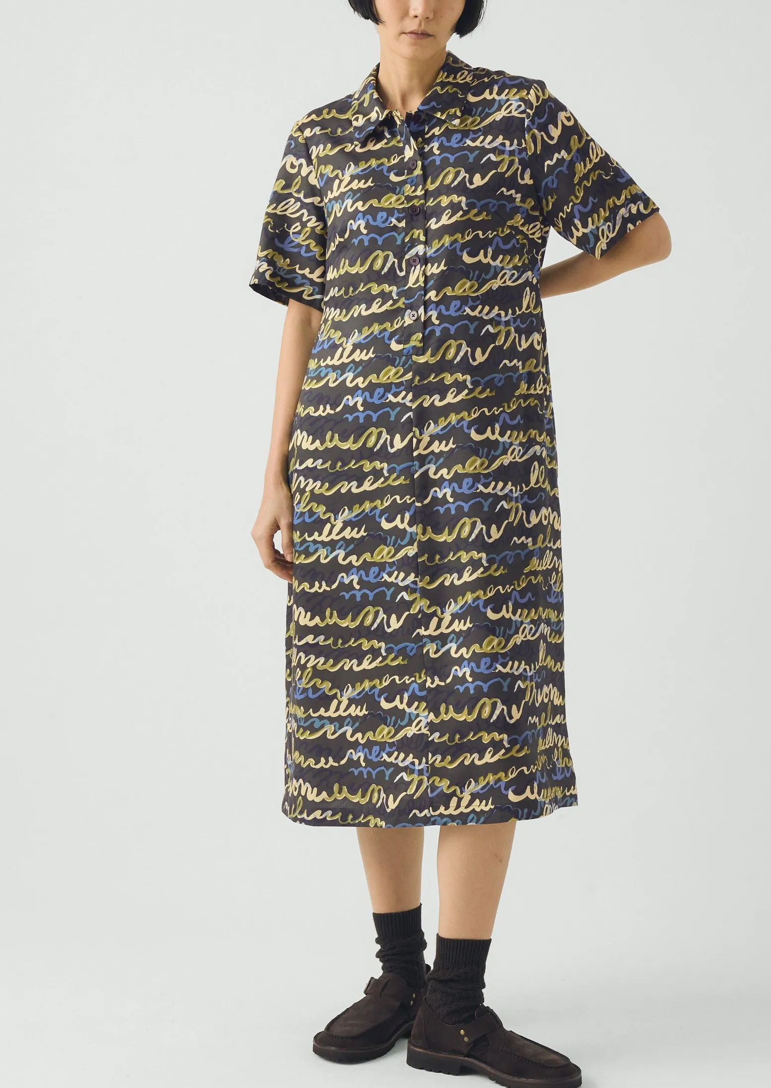 Script Print Fluid Shirt Dress | Avocado Rind sold by TOAST product image thumbnail 2