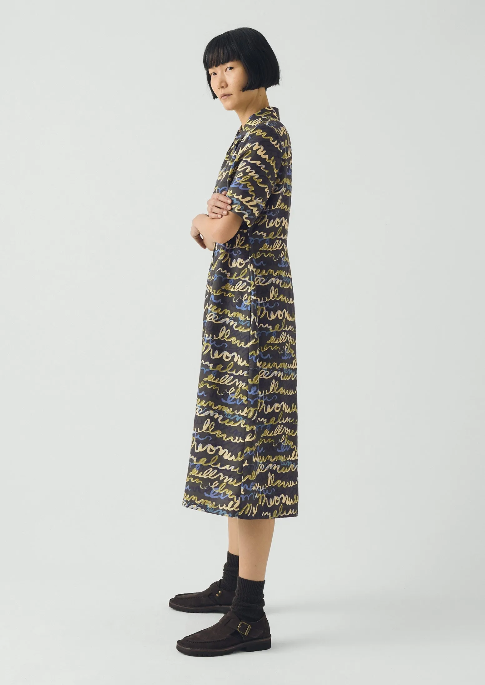 Script Print Fluid Shirt Dress | Avocado Rind sold by TOAST product image thumbnail 3