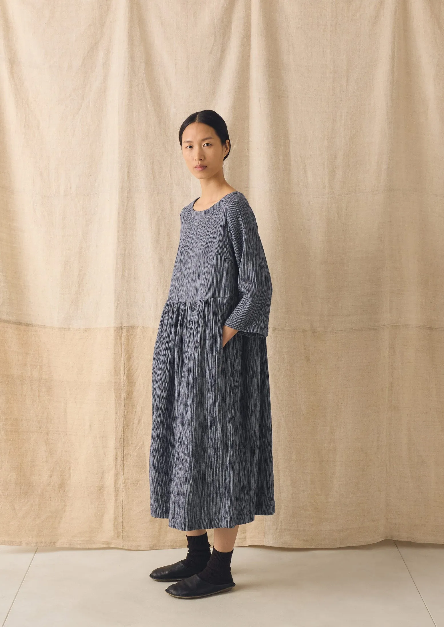 Freya Crinkle Cotton Dress | Dark Blue/White sold by TOAST product image thumbnail 4