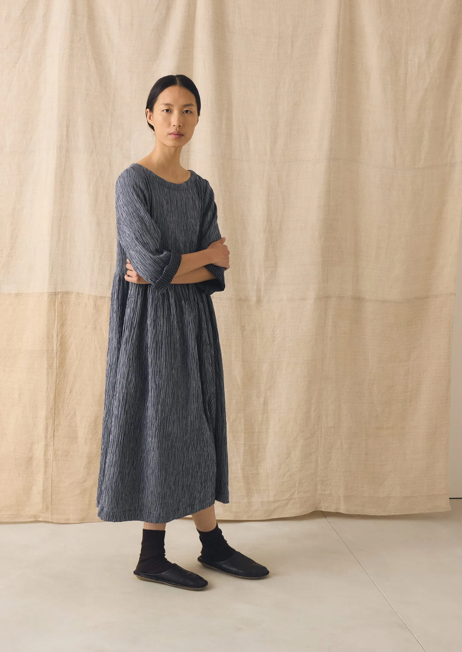 Freya Crinkle Cotton Dress | Dark Blue/White sold by TOAST product image thumbnail 2