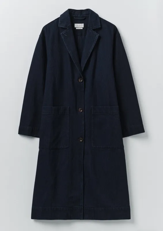 Dropped Shoulder Japanese Denim Coat | Indigo sold by TOAST