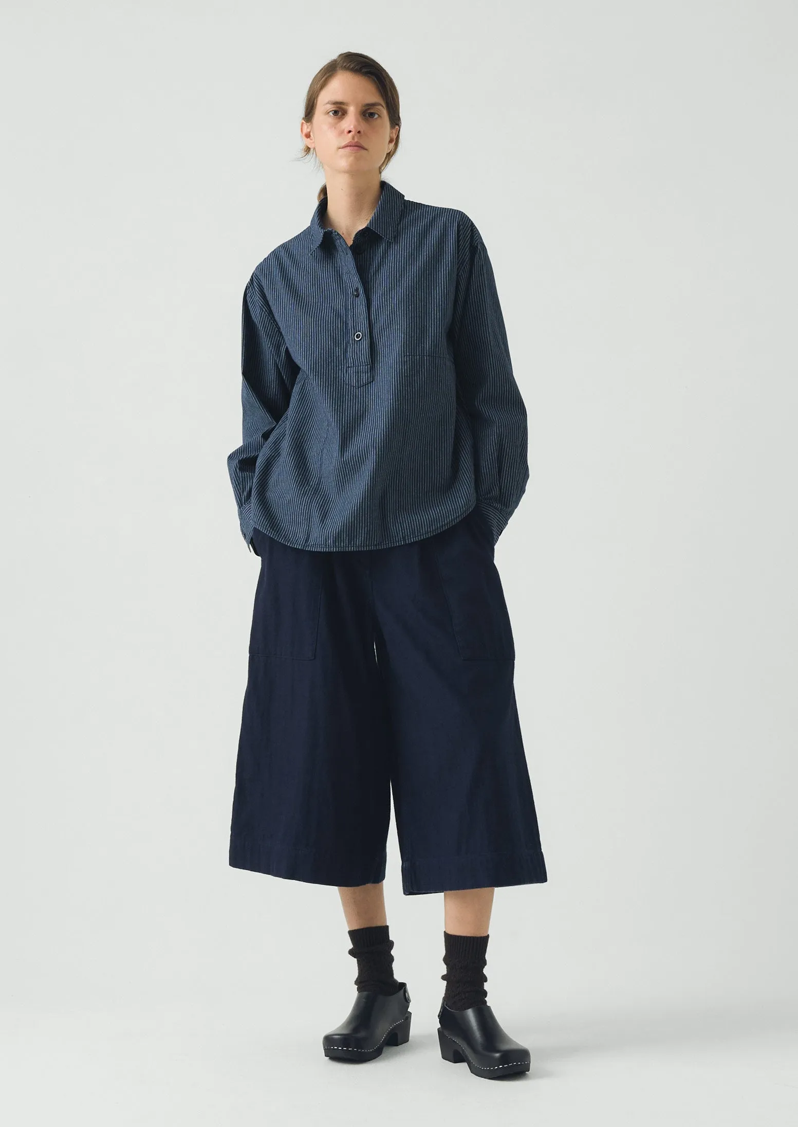 Railroad Stripe Cotton Smock Popover Shirt | Denim Blue sold by TOAST product image thumbnail 3