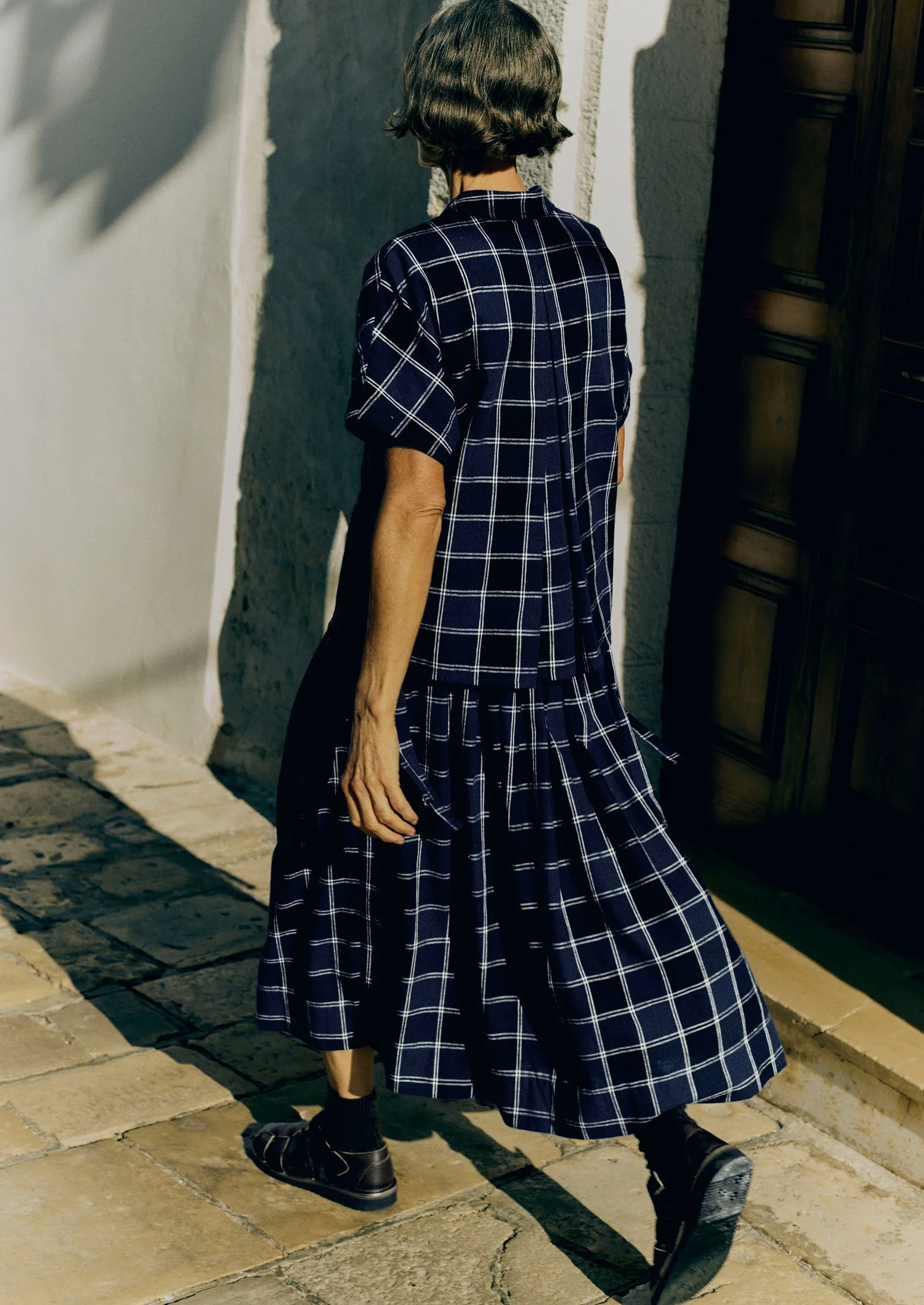 Market Check Pleated Cotton Linen Skirt | Denim Blue sold by TOAST product image thumbnail 2