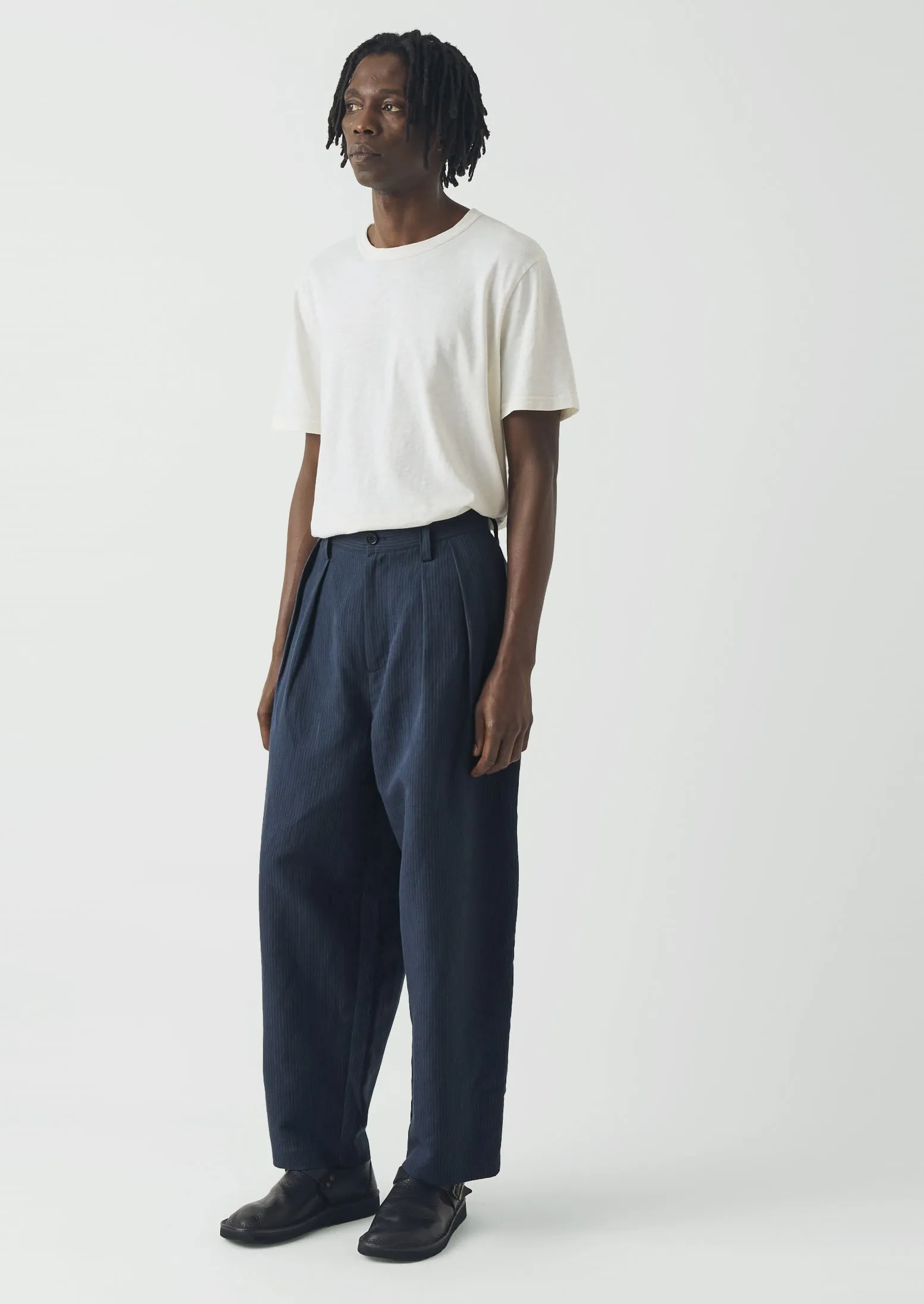 Caspar Stripe Pleat Trousers | Navy/Fawn sold by TOAST product image thumbnail 2