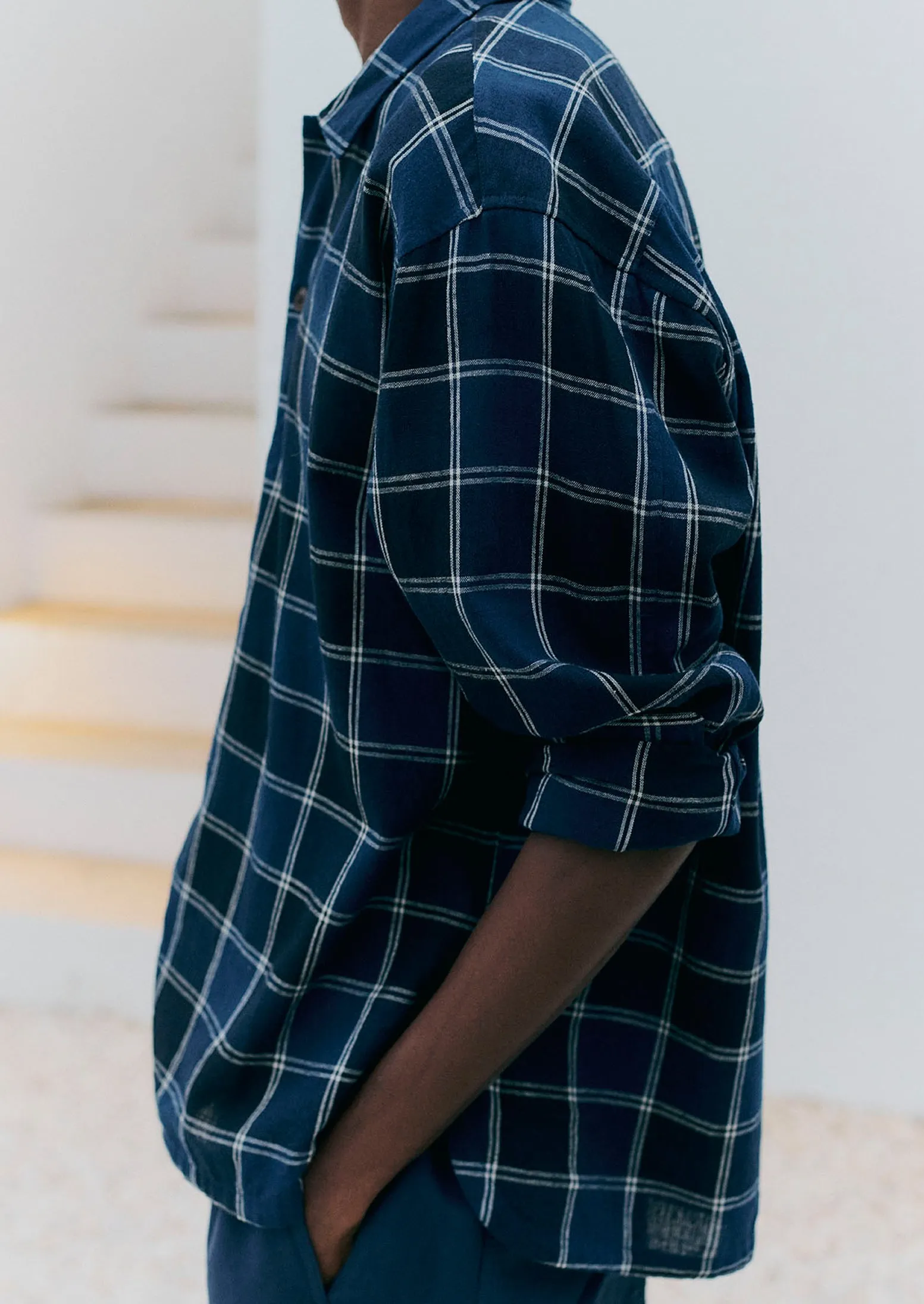 Market Check Cotton Linen Easy Shirt | Denim Blue sold by TOAST product image thumbnail 3