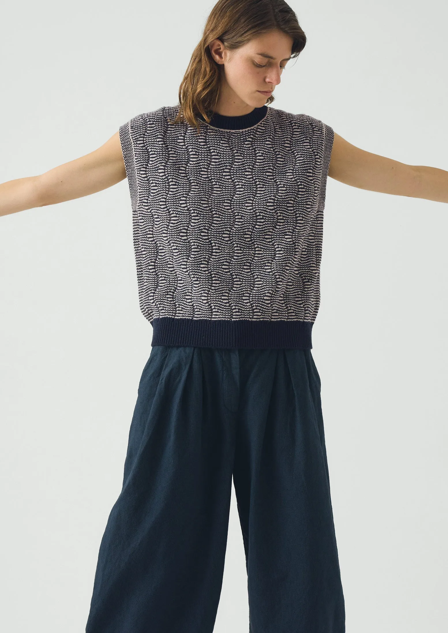 Wavy Stripe Knitted Wool Cotton Top | Navy/Parchment sold by TOAST product image thumbnail 2