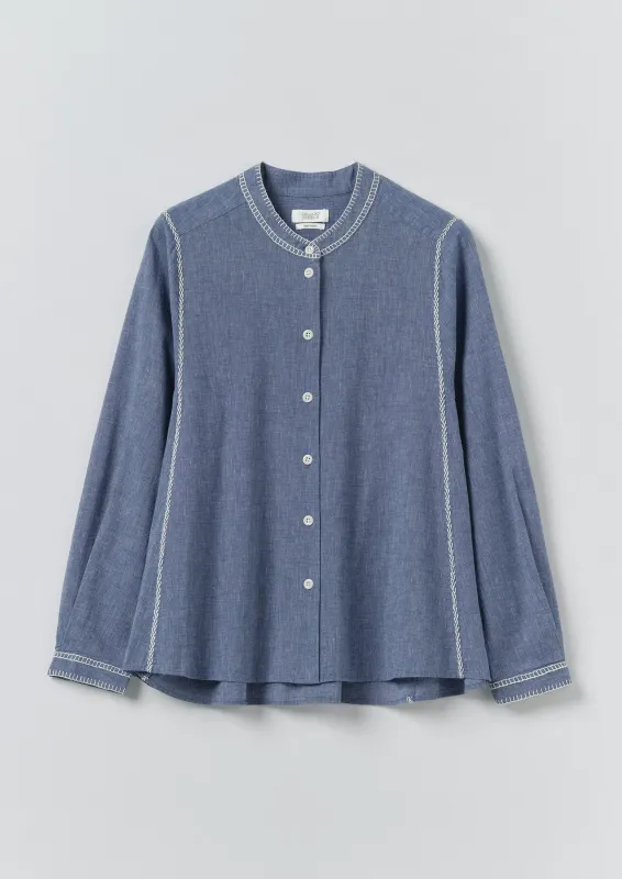 Embroidered Cotton Linen Chambray Shirt | Chambray Blue sold by TOAST