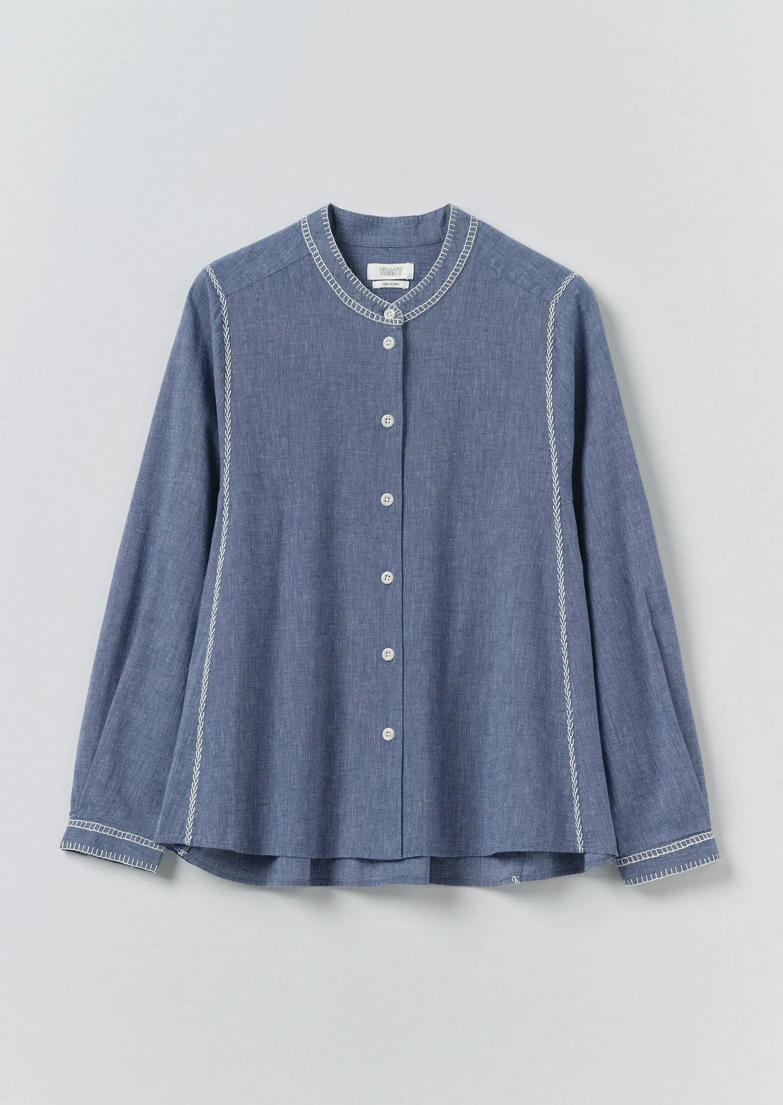 Embroidered Cotton Linen Chambray Shirt | Chambray Blue sold by TOAST