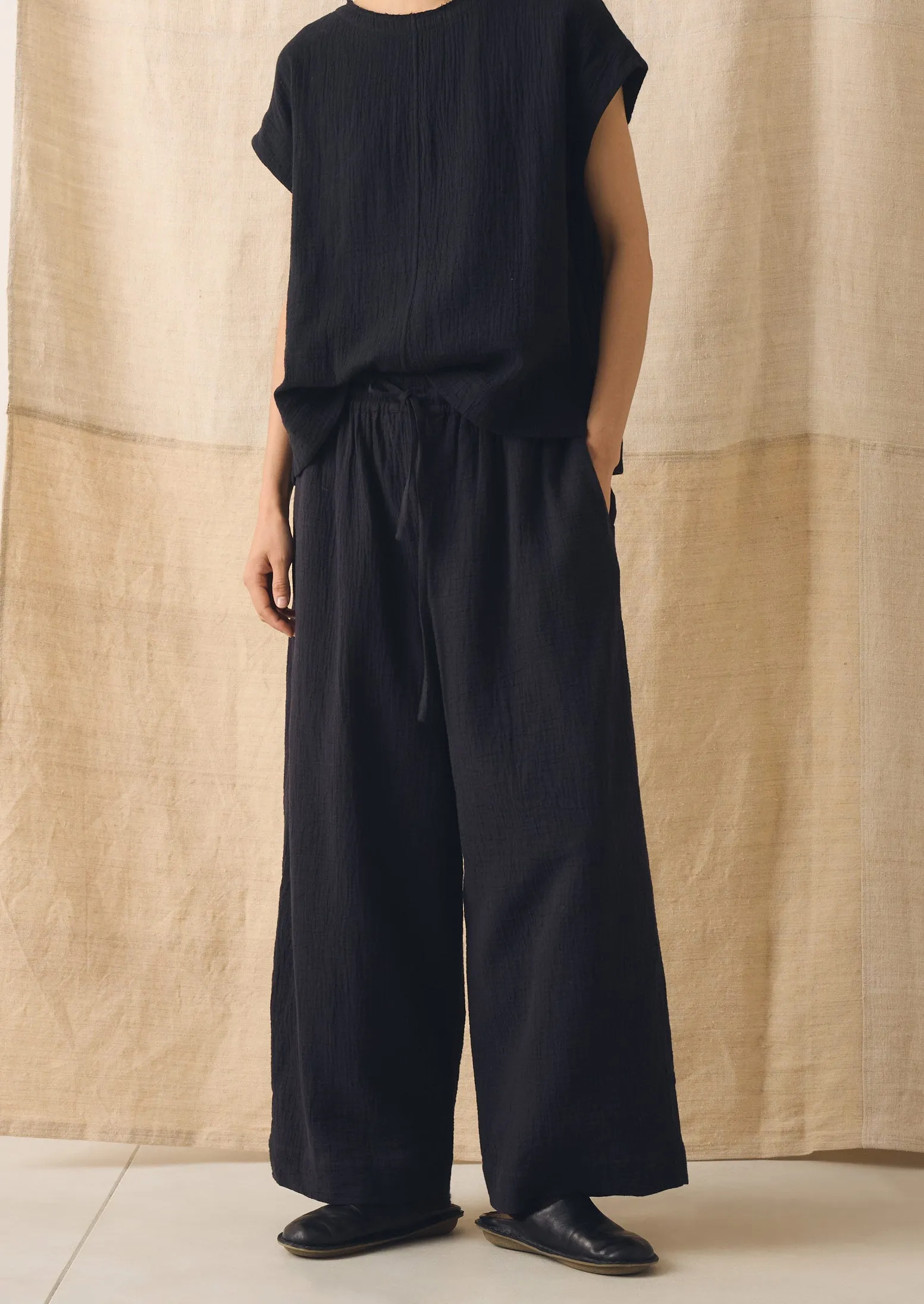 Crinkle Cotton Gauze Wide Leg Trousers | Blackberry sold by TOAST product image thumbnail 3