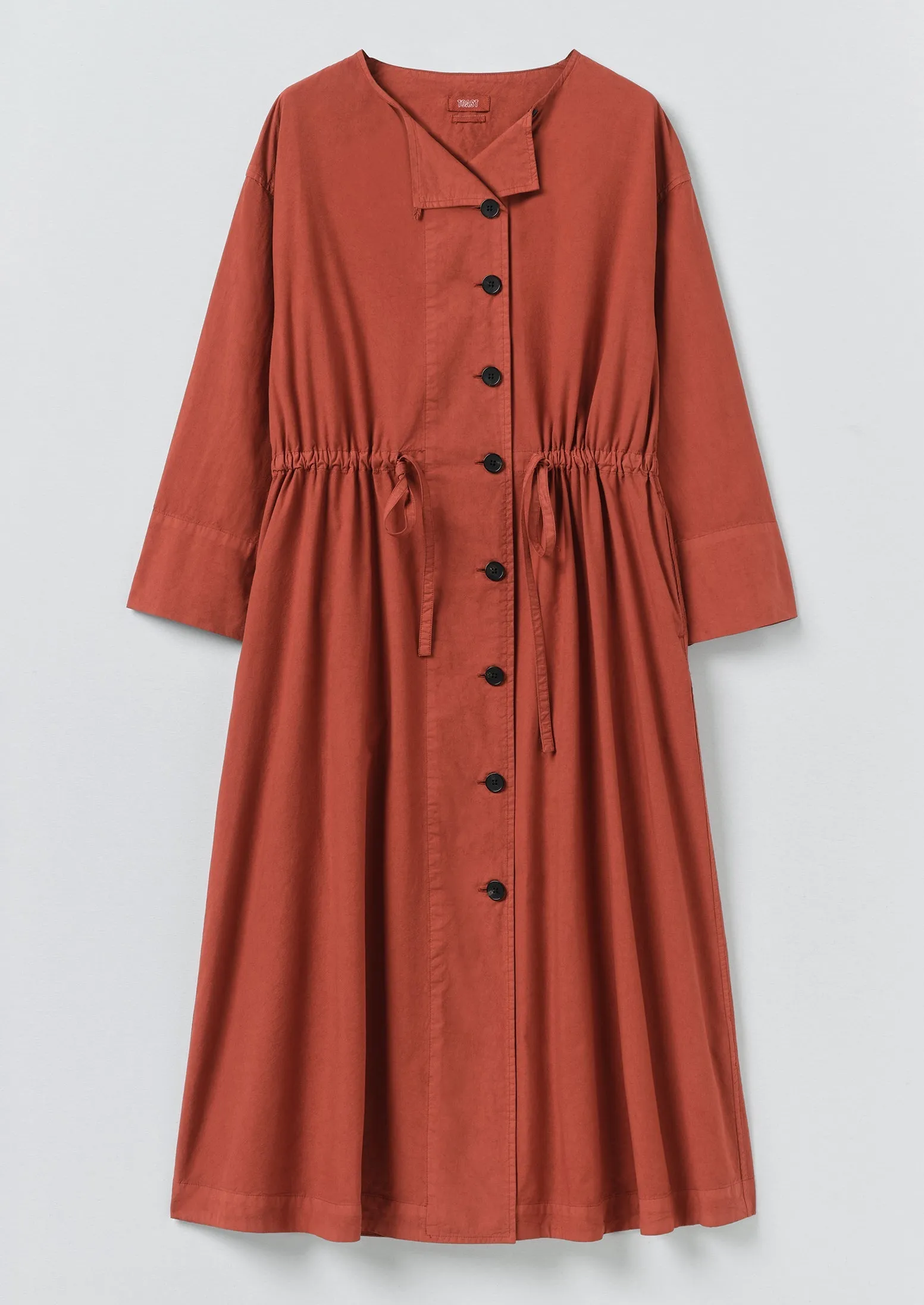 Button Through Cotton Linen Poplin Dress | Brick sold by TOAST