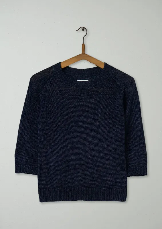 Reworn Cropped Sleeve Linen Sweater Size XXS (458) | Navy made by TOAST