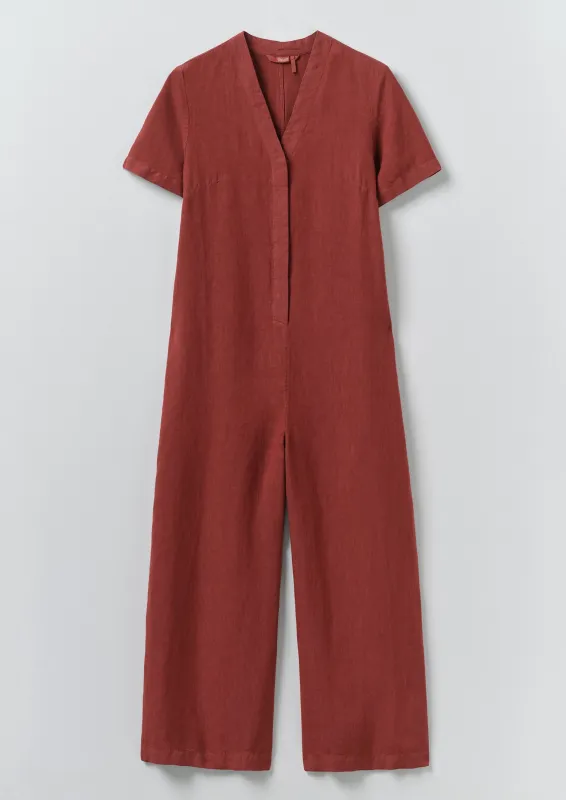V Neck Garment Dyed Linen Jumpsuit | Tomato Red made by TOAST