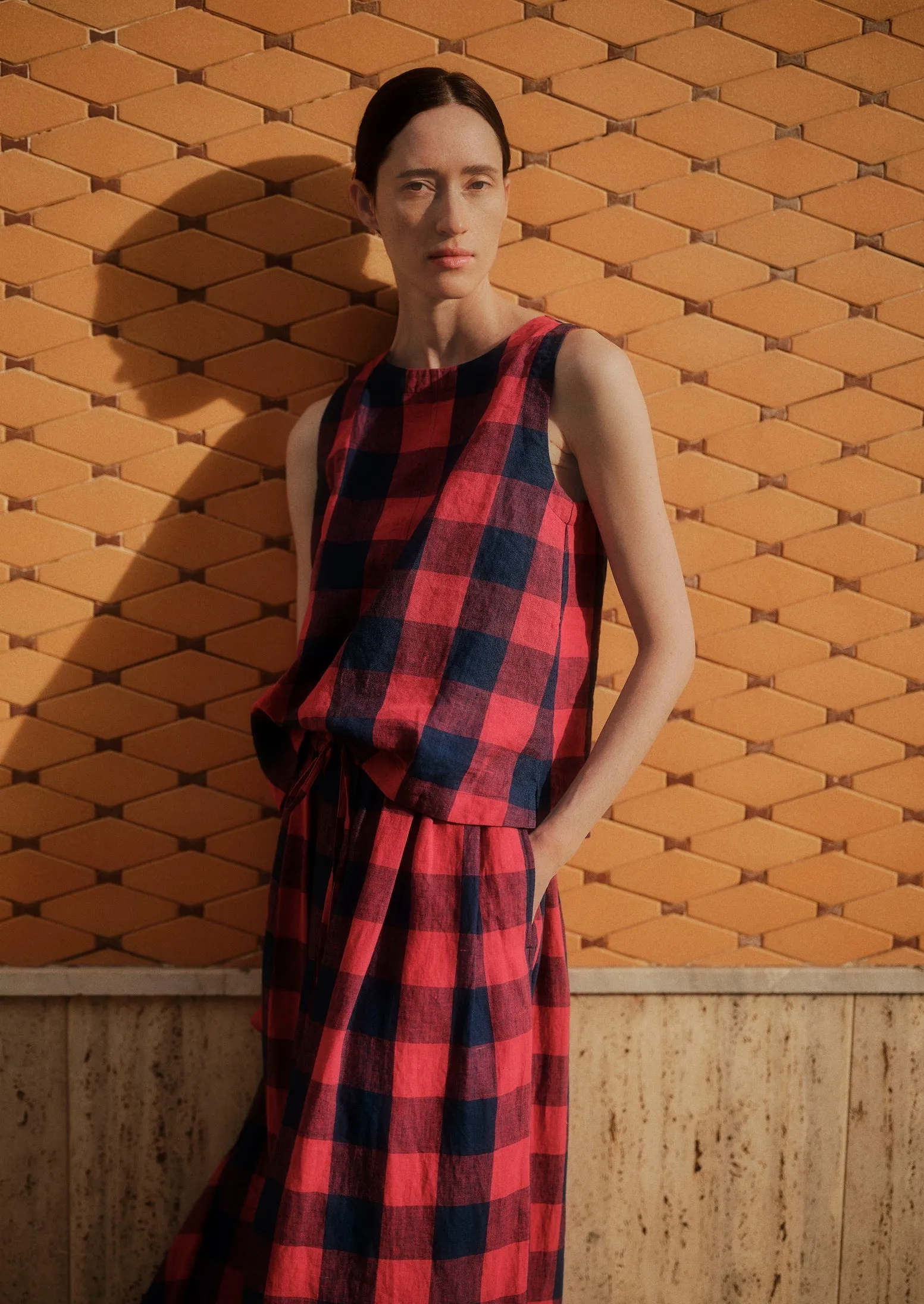 Gingham Check Linen Tank | Raspberry/Blue sold by TOAST product image thumbnail 2