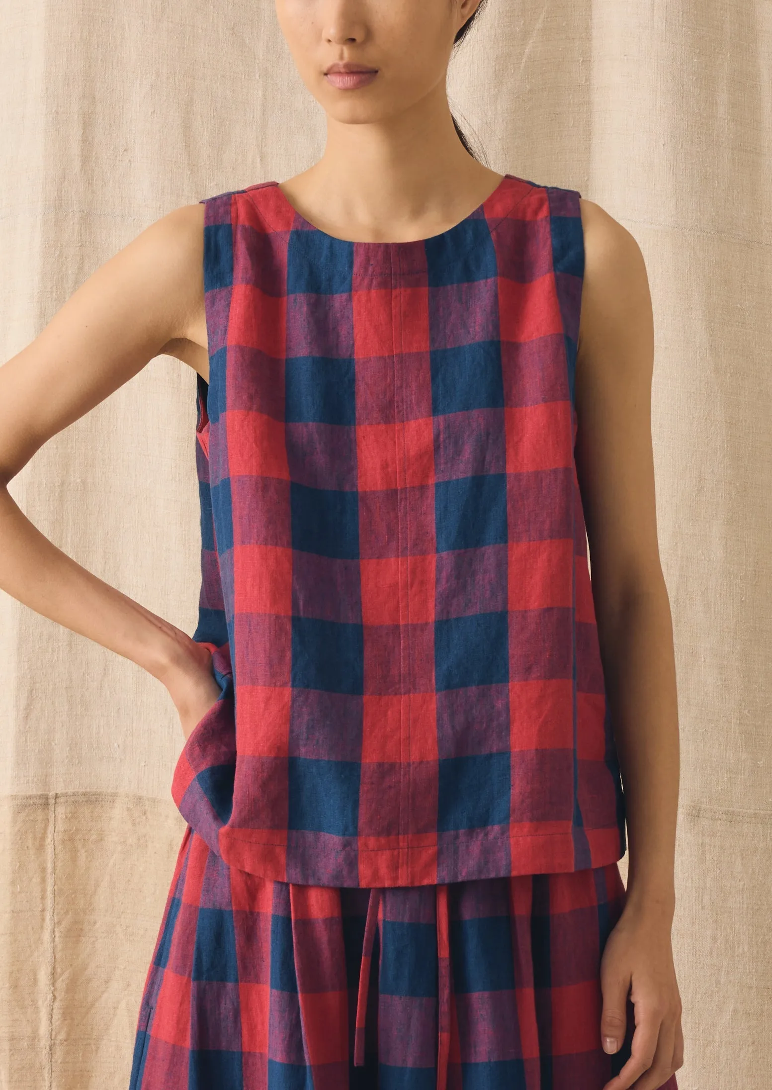 Gingham Check Linen Tank | Raspberry/Blue sold by TOAST product image thumbnail 3