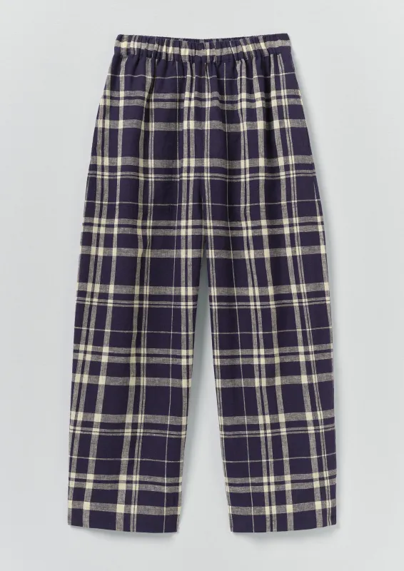 Barrel Leg Check Linen Cotton Trousers | Blue/Soya made by TOAST