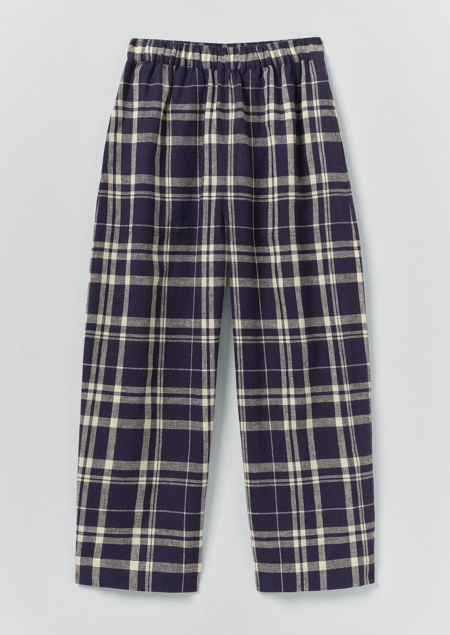 Barrel Leg Check Linen Cotton Trousers | Blue/Soya sold by TOAST