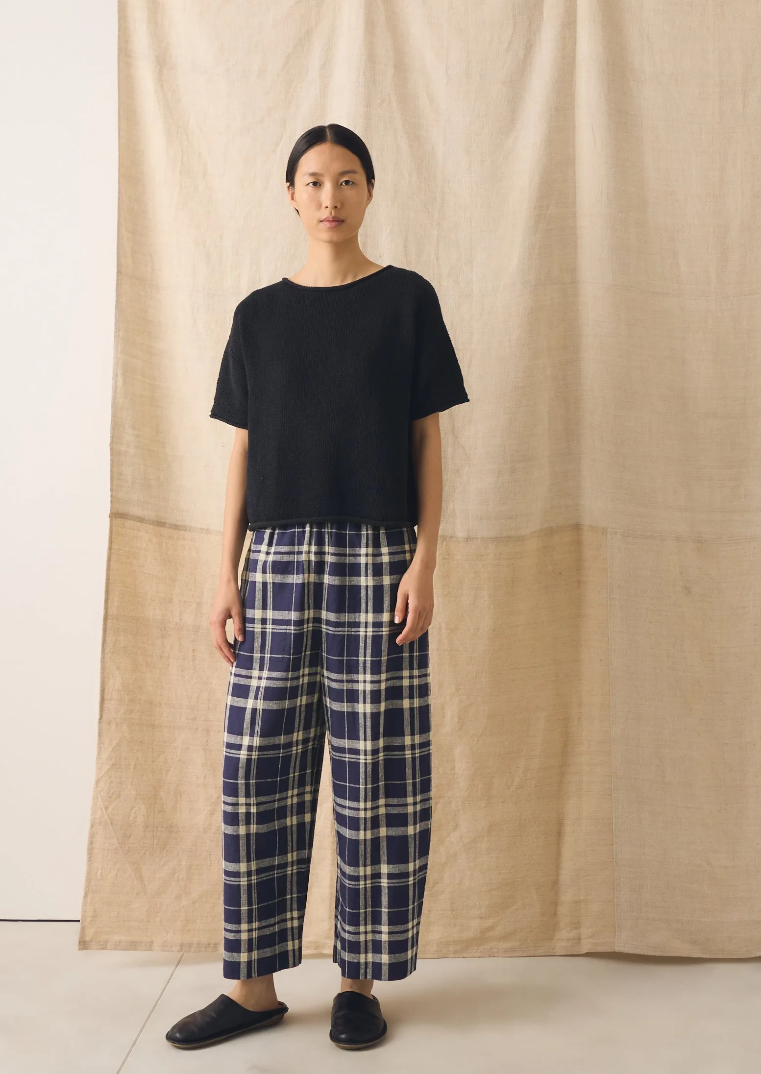 Barrel Leg Check Linen Cotton Trousers | Blue/Soya sold by TOAST product image thumbnail 5