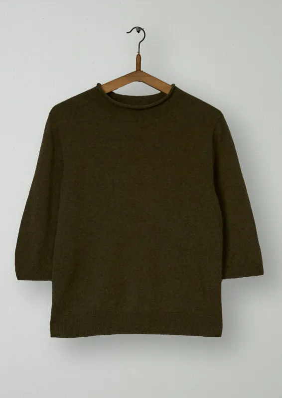 Reworn Fine Wool Cashmere Half Sleeve Sweater Size M (519) | Olive Melange made by TOAST