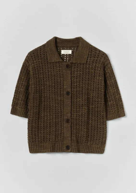 Open Stitch Knitted Linen Cotton Polo | Bronze Green made by TOAST