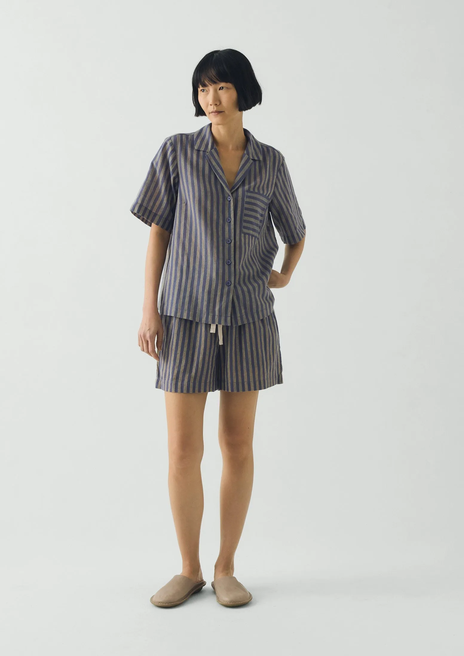 Awning Stripe Cotton Linen Pyjama Shorts | Catkin/Denim Blue sold by TOAST product image thumbnail 2