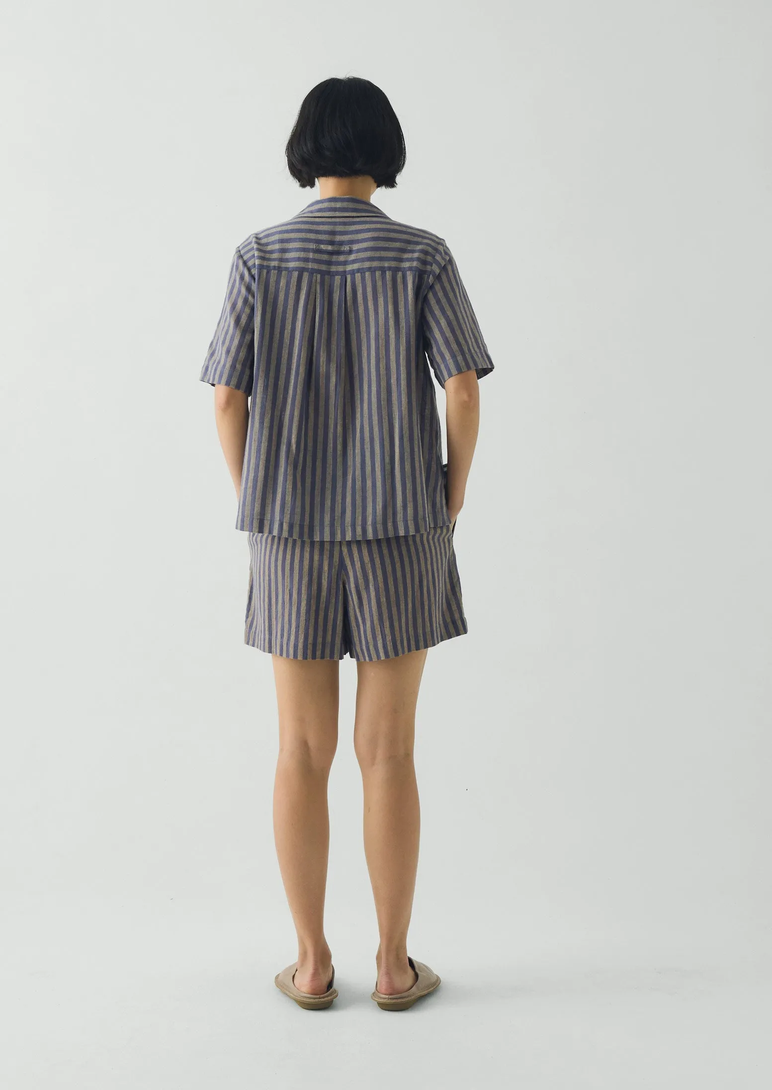 Awning Stripe Cotton Linen Pyjama Shorts | Catkin/Denim Blue sold by TOAST product image thumbnail 3
