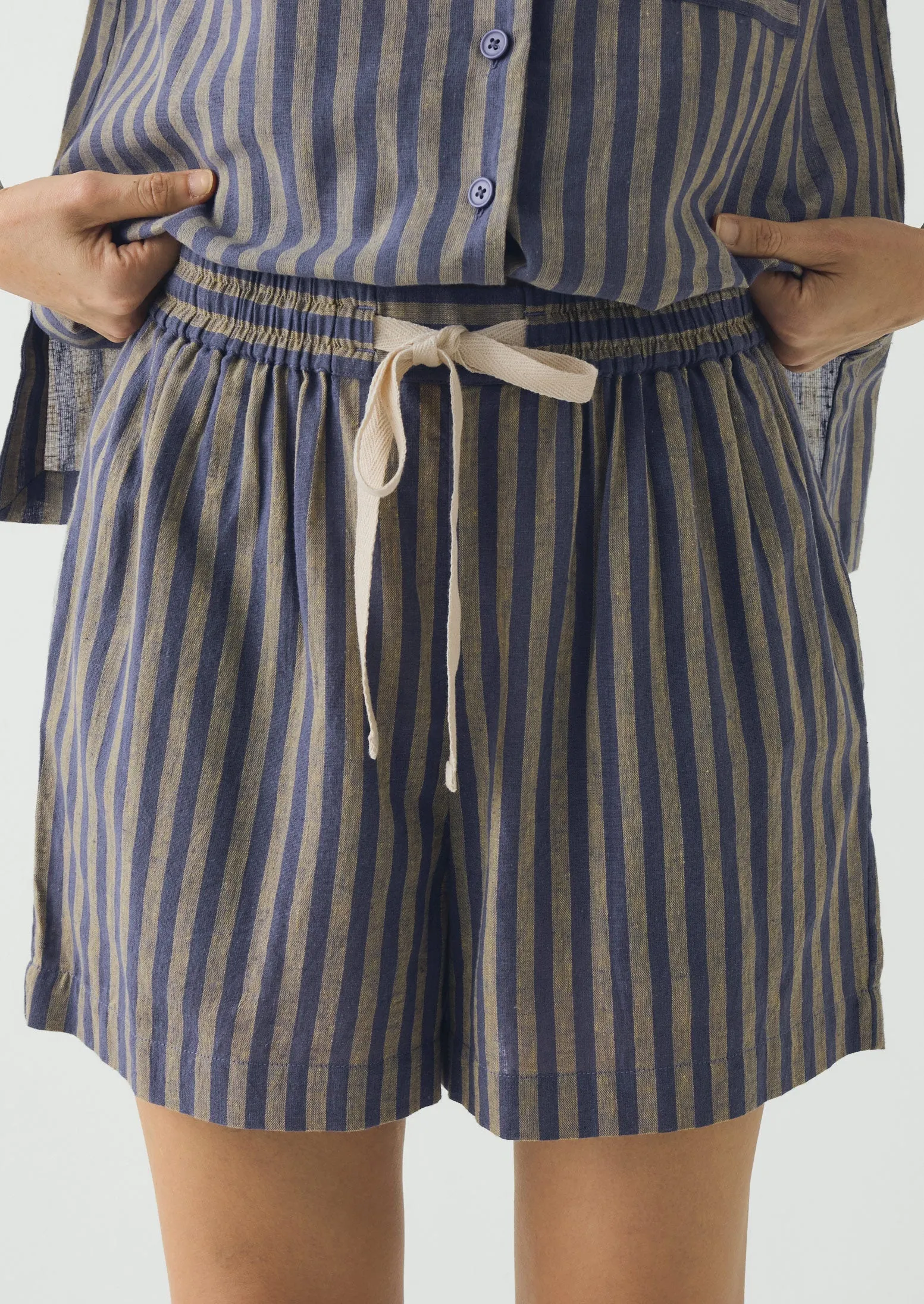 Awning Stripe Cotton Linen Pyjama Shorts | Catkin/Denim Blue sold by TOAST product image thumbnail 4