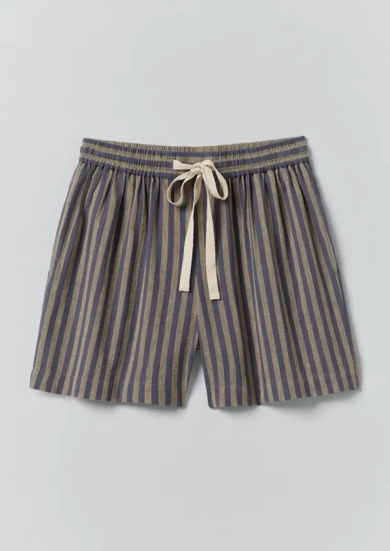 Awning Stripe Cotton Linen Pyjama Shorts | Catkin/Denim Blue made by TOAST