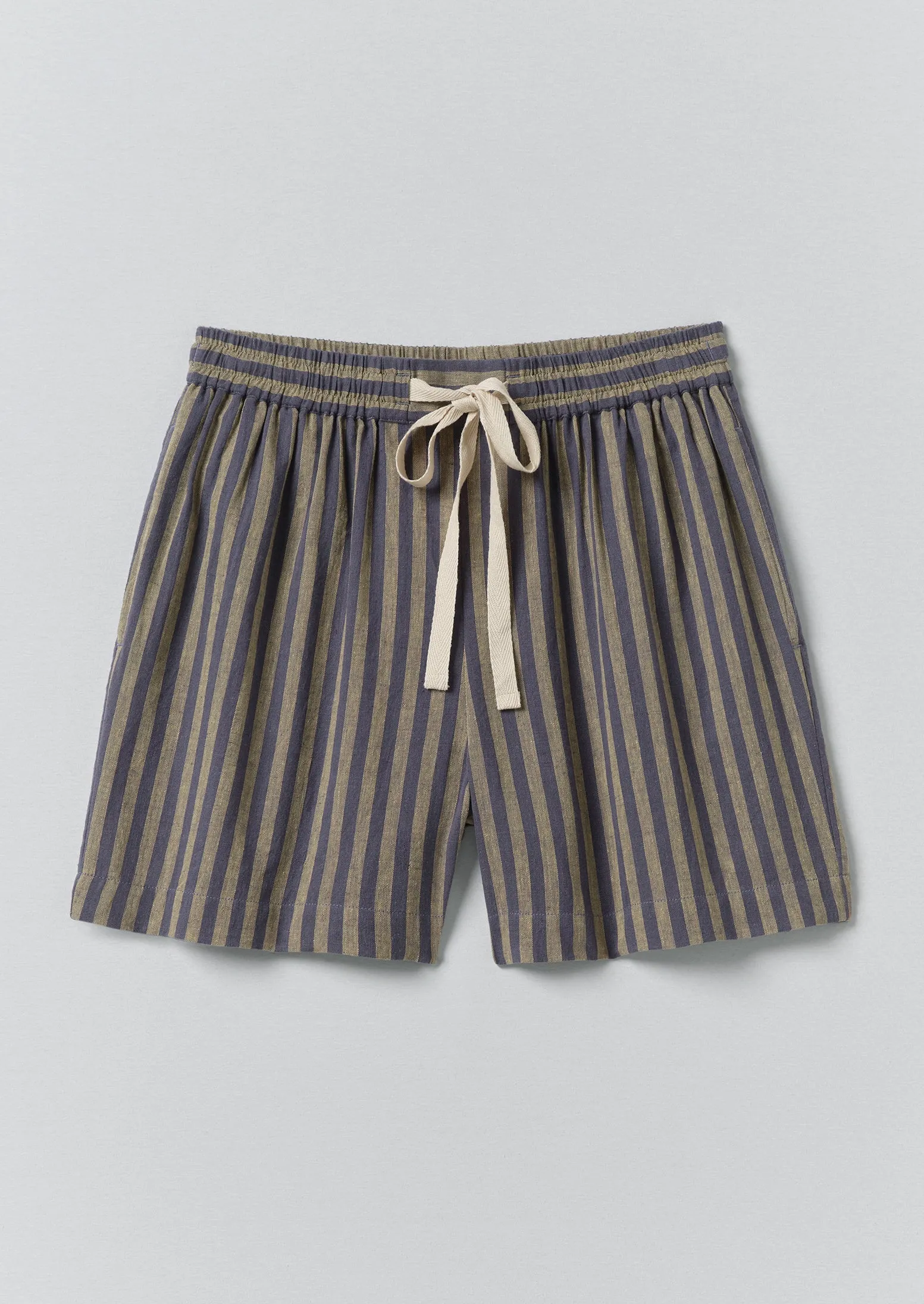 Awning Stripe Cotton Linen Pyjama Shorts | Catkin/Denim Blue sold by TOAST