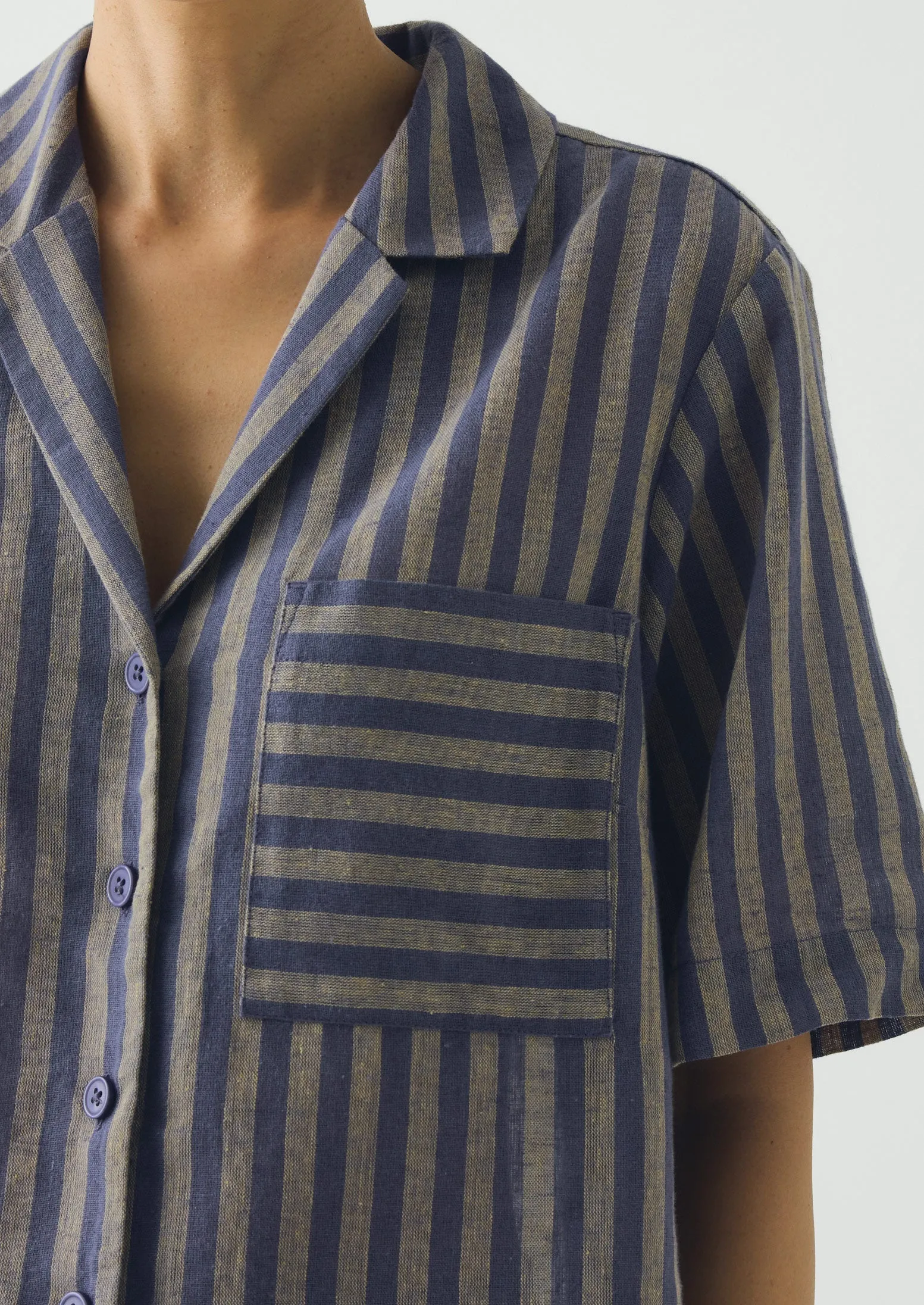 Awning Stripe Cotton Linen Pyjama Top | Catkin/Denim Blue sold by TOAST product image thumbnail 5
