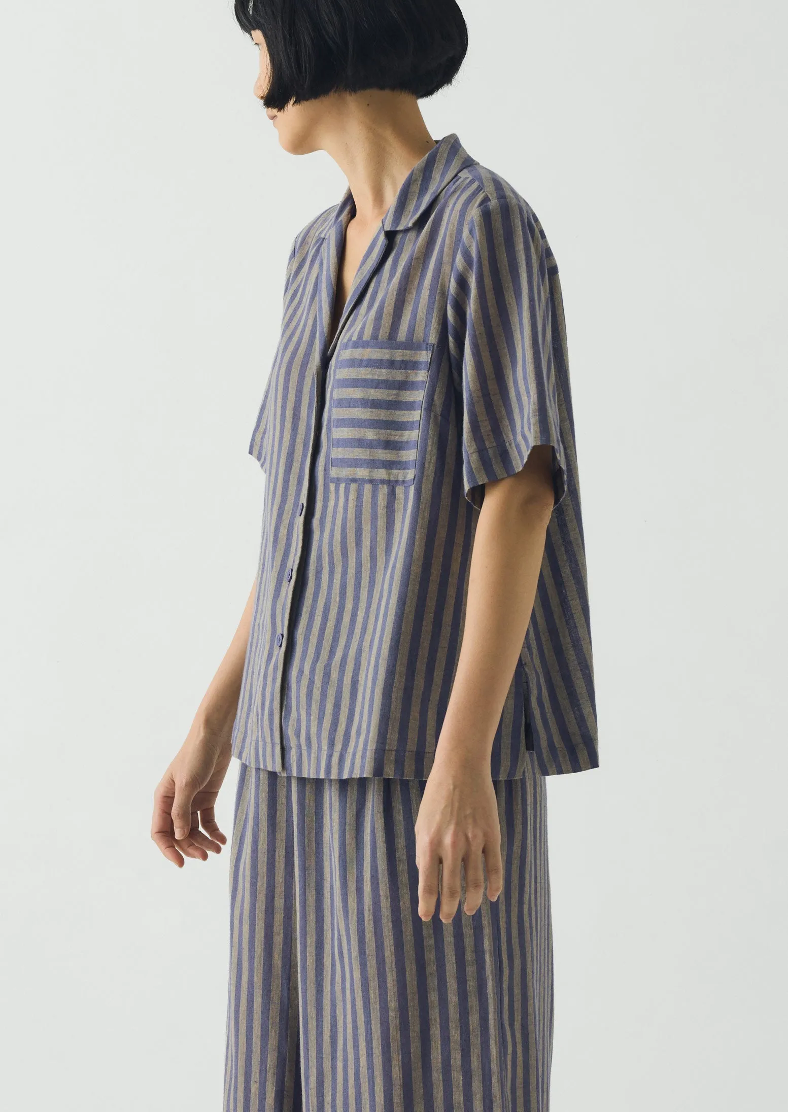 Awning Stripe Cotton Linen Pyjama Top | Catkin/Denim Blue sold by TOAST product image thumbnail 2