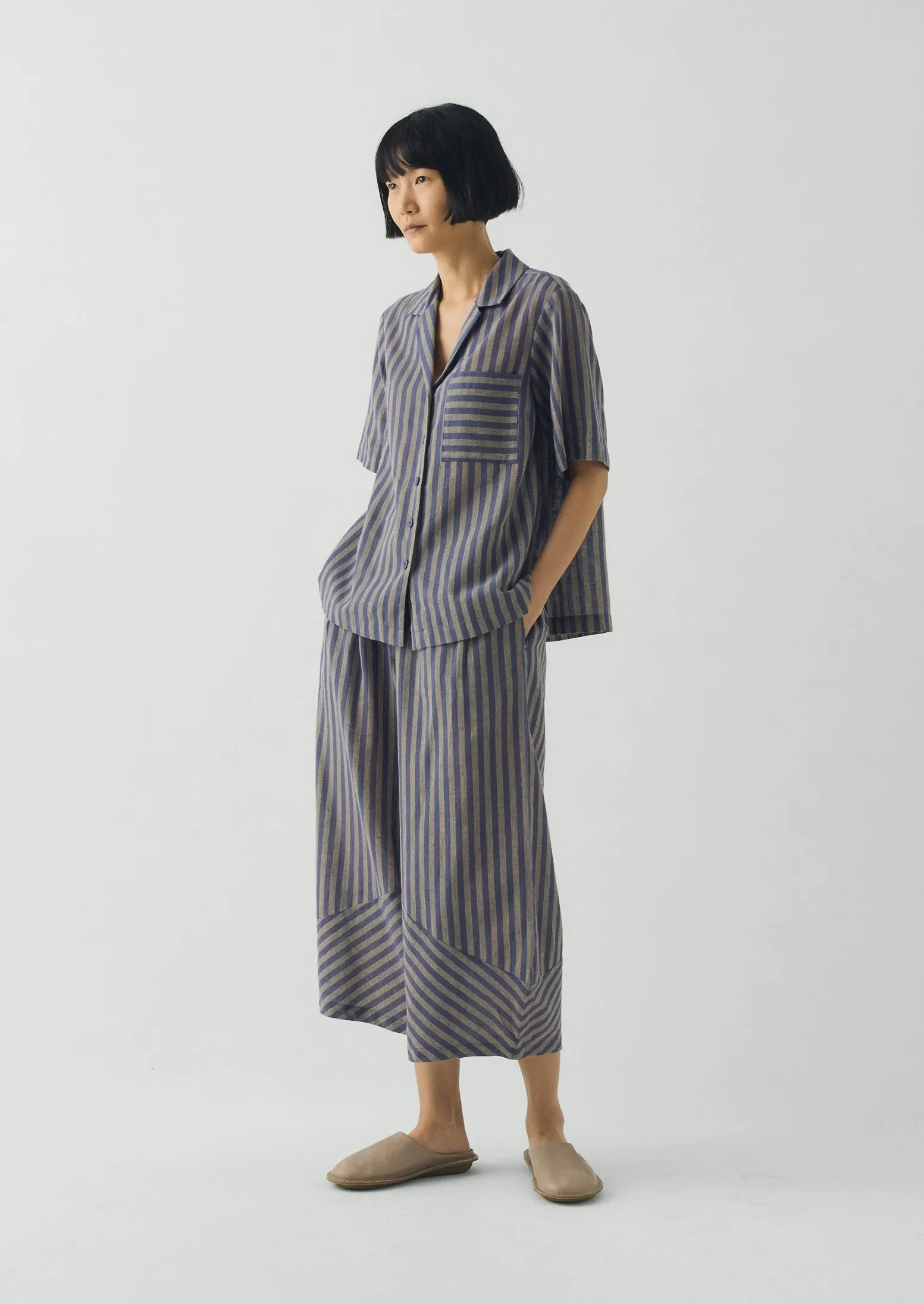 Awning Stripe Cotton Linen Pyjama Top | Catkin/Denim Blue sold by TOAST product image thumbnail 3
