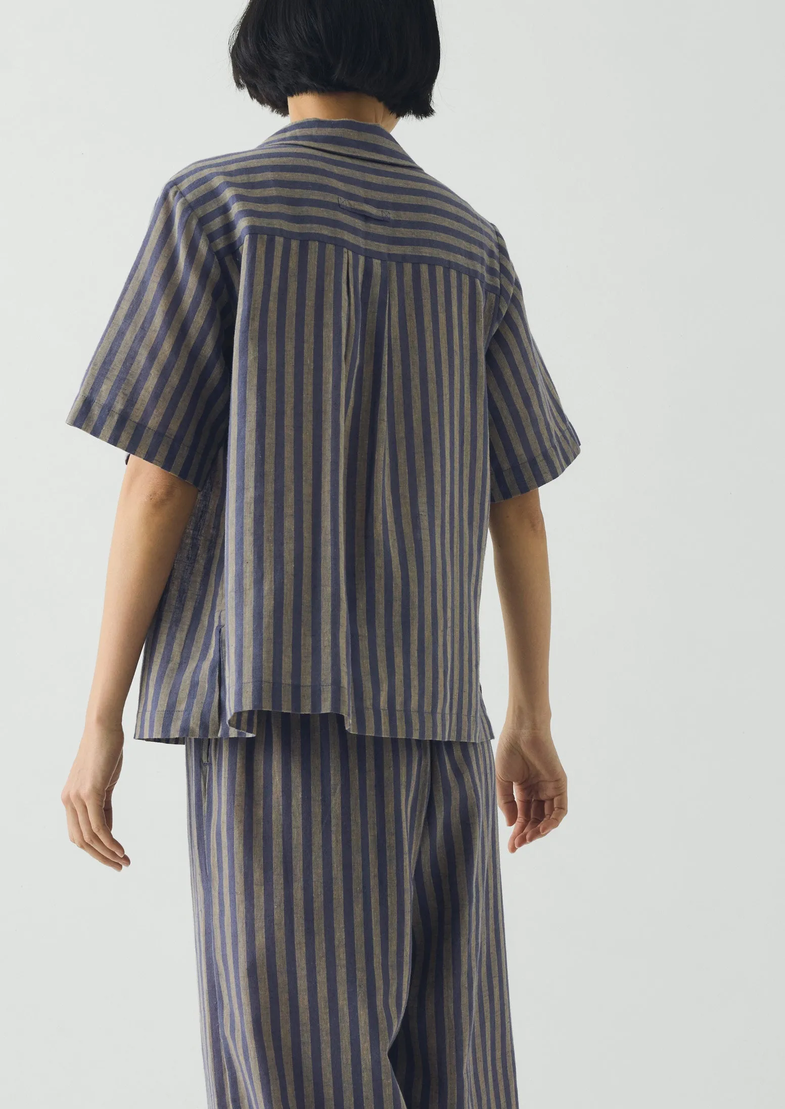 Awning Stripe Cotton Linen Pyjama Top | Catkin/Denim Blue sold by TOAST product image thumbnail 4