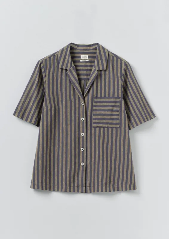 Awning Stripe Cotton Linen Pyjama Top | Catkin/Denim Blue made by TOAST