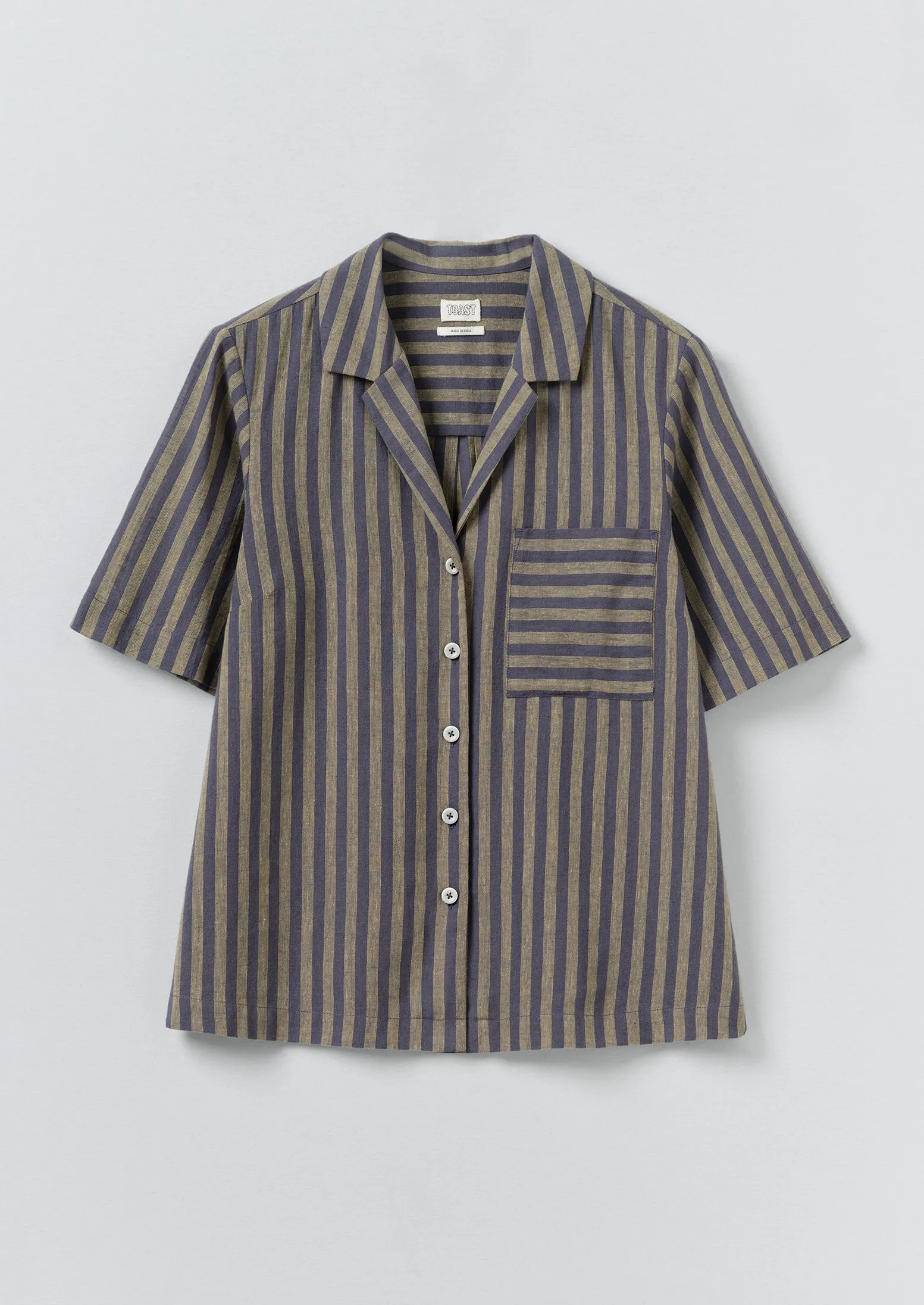 Awning Stripe Cotton Linen Pyjama Top | Catkin/Denim Blue sold by TOAST