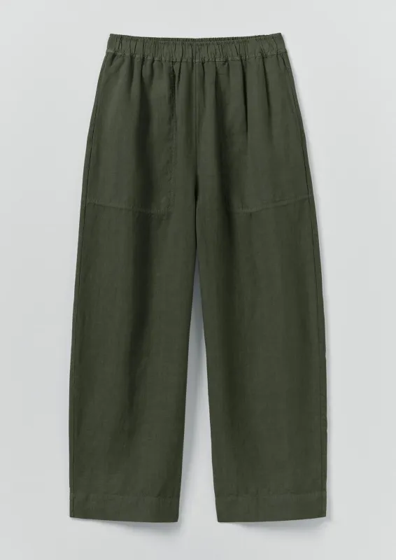 Garment Dyed Linen Barrel Leg Trousers | Dark Olive made by TOAST