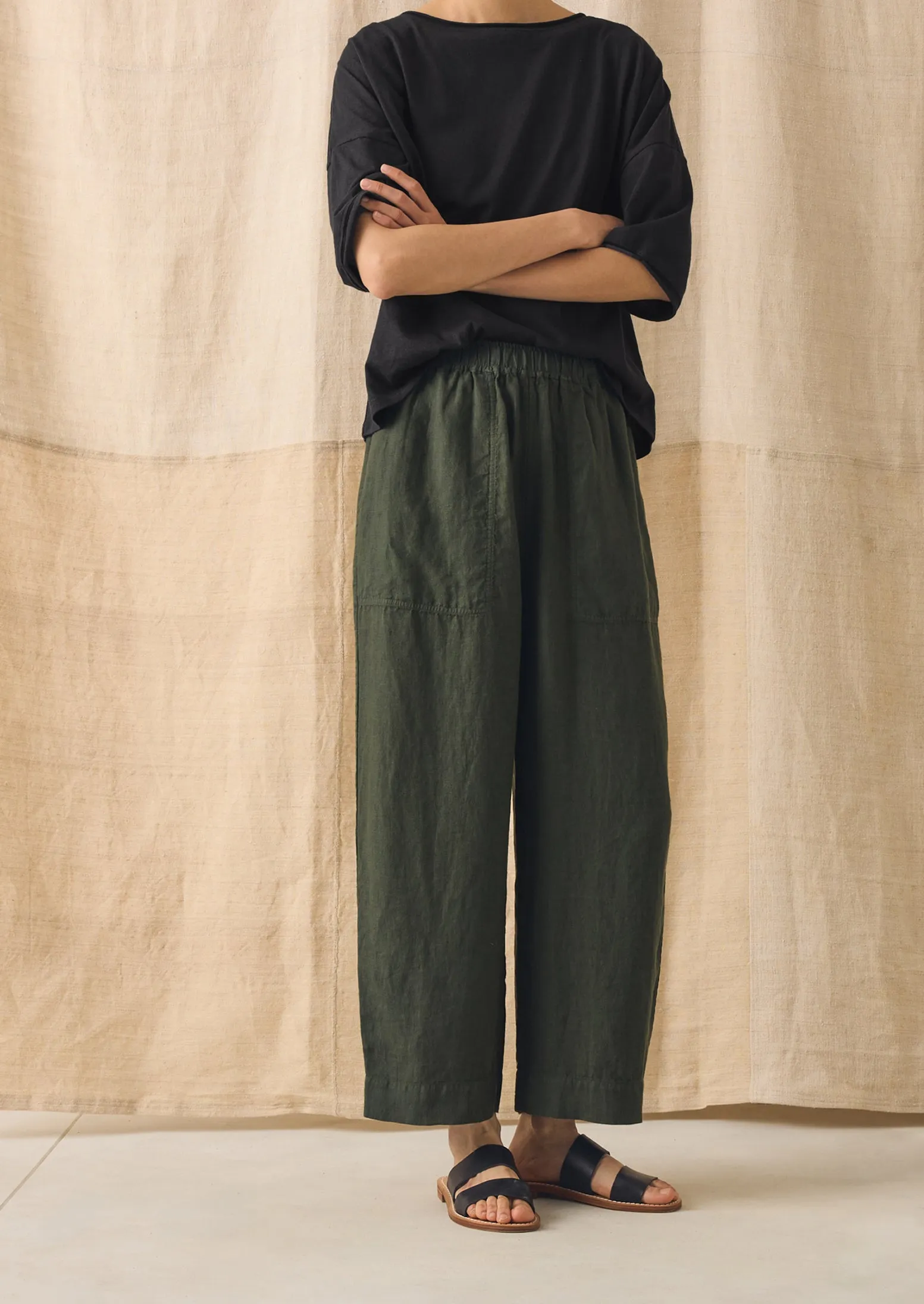 Garment Dyed Linen Barrel Leg Trousers | Dark Olive sold by TOAST product image thumbnail 2