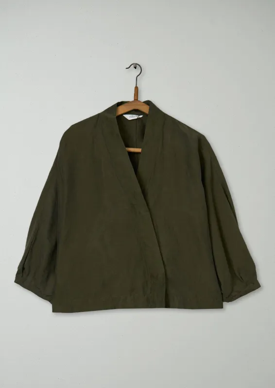 Reworn Linen Silk Wrap Shirt Size M (917) | Tent Green made by TOAST