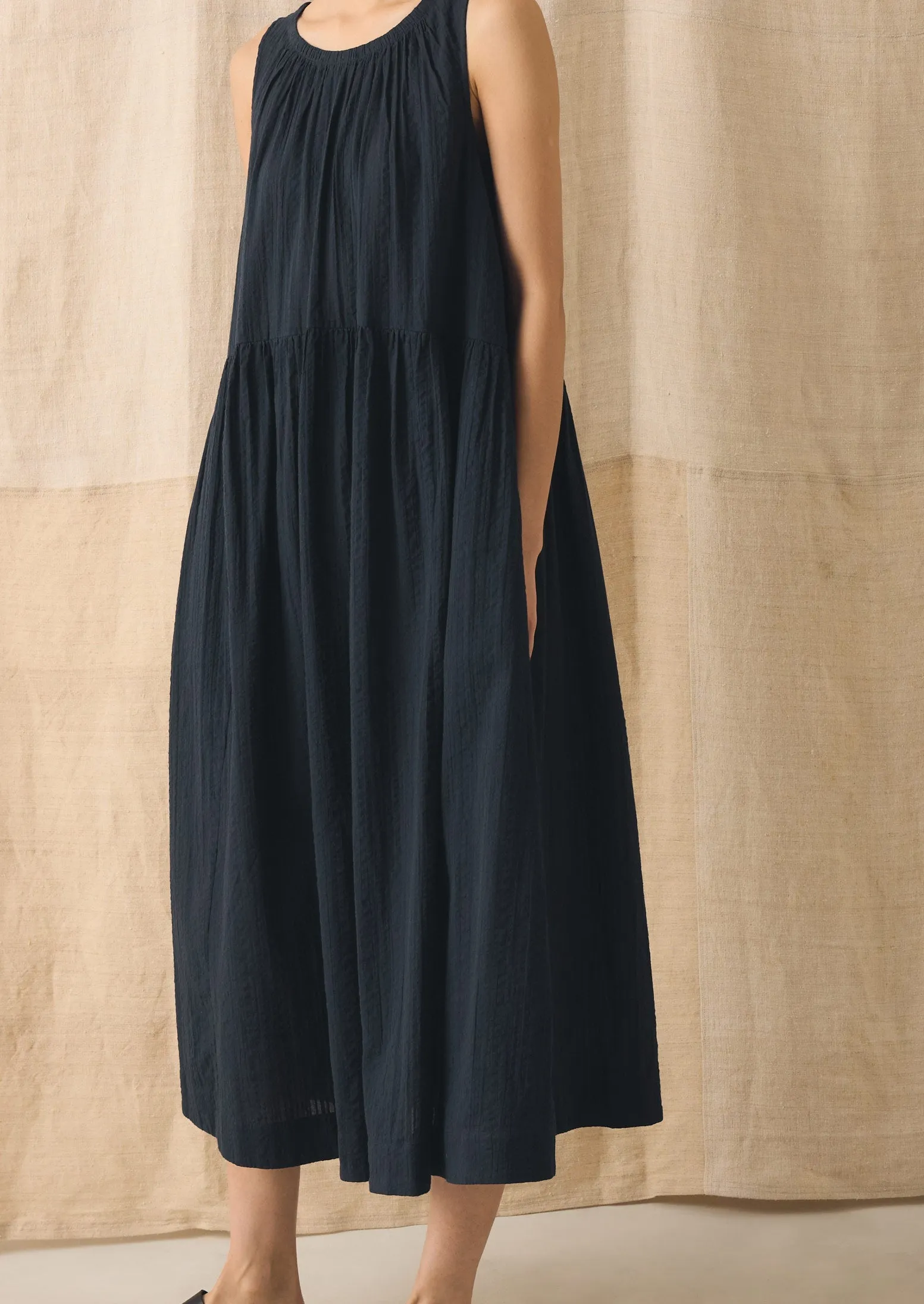 Lightweight Cotton Seersucker Dress | Navy sold by TOAST product image thumbnail 3