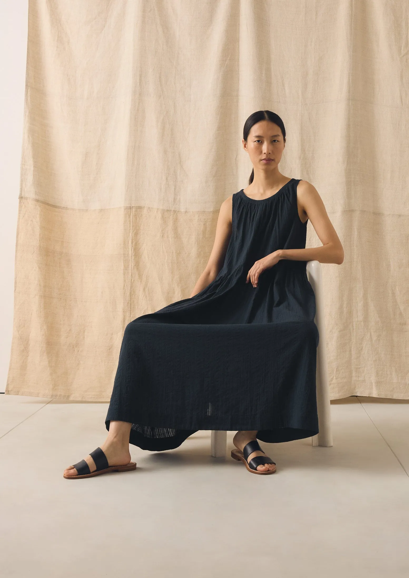 Lightweight Cotton Seersucker Dress | Navy sold by TOAST product image thumbnail 2