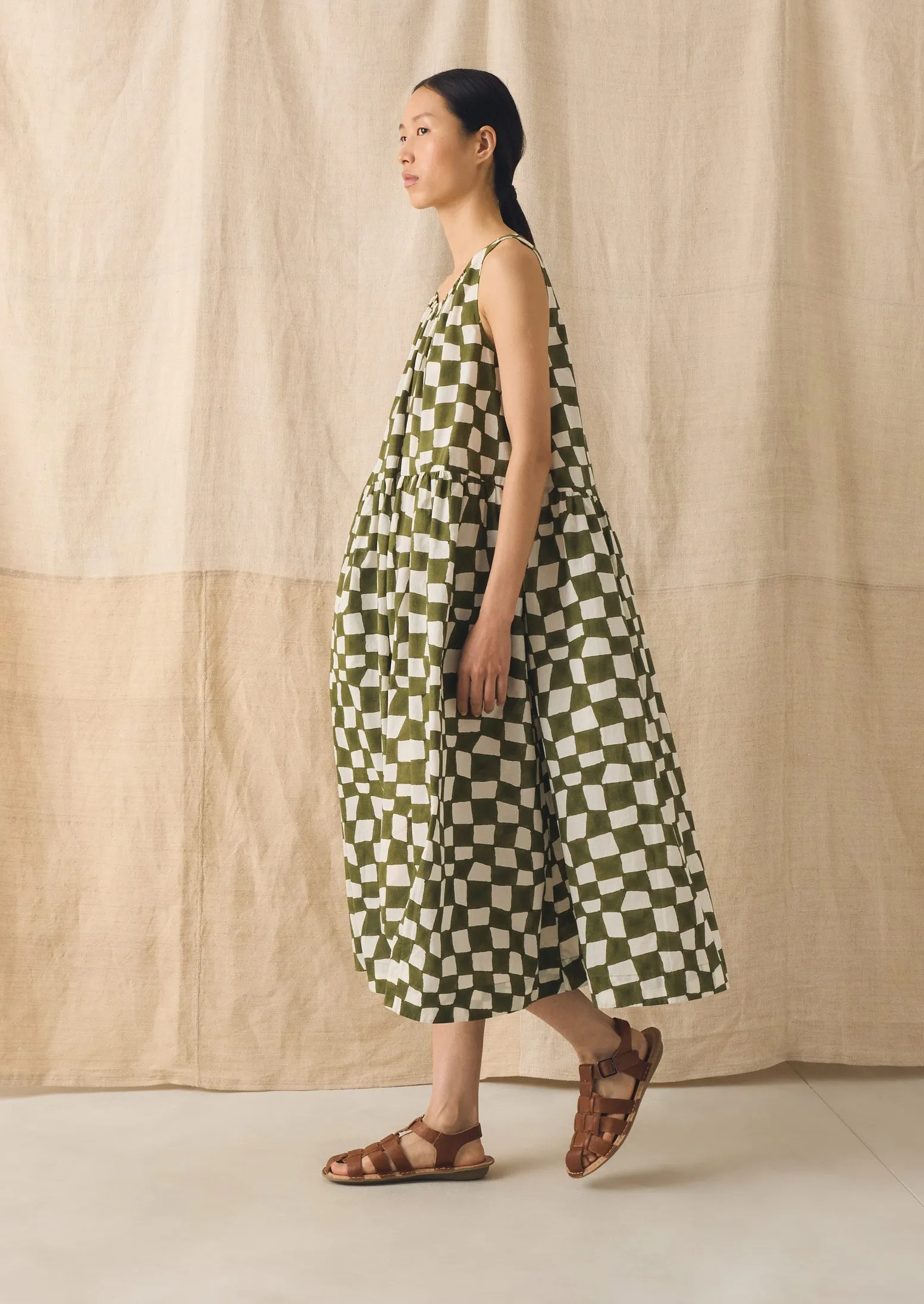 Block Print Warp Check Sleeveless Dress | Olive sold by TOAST product image thumbnail 4