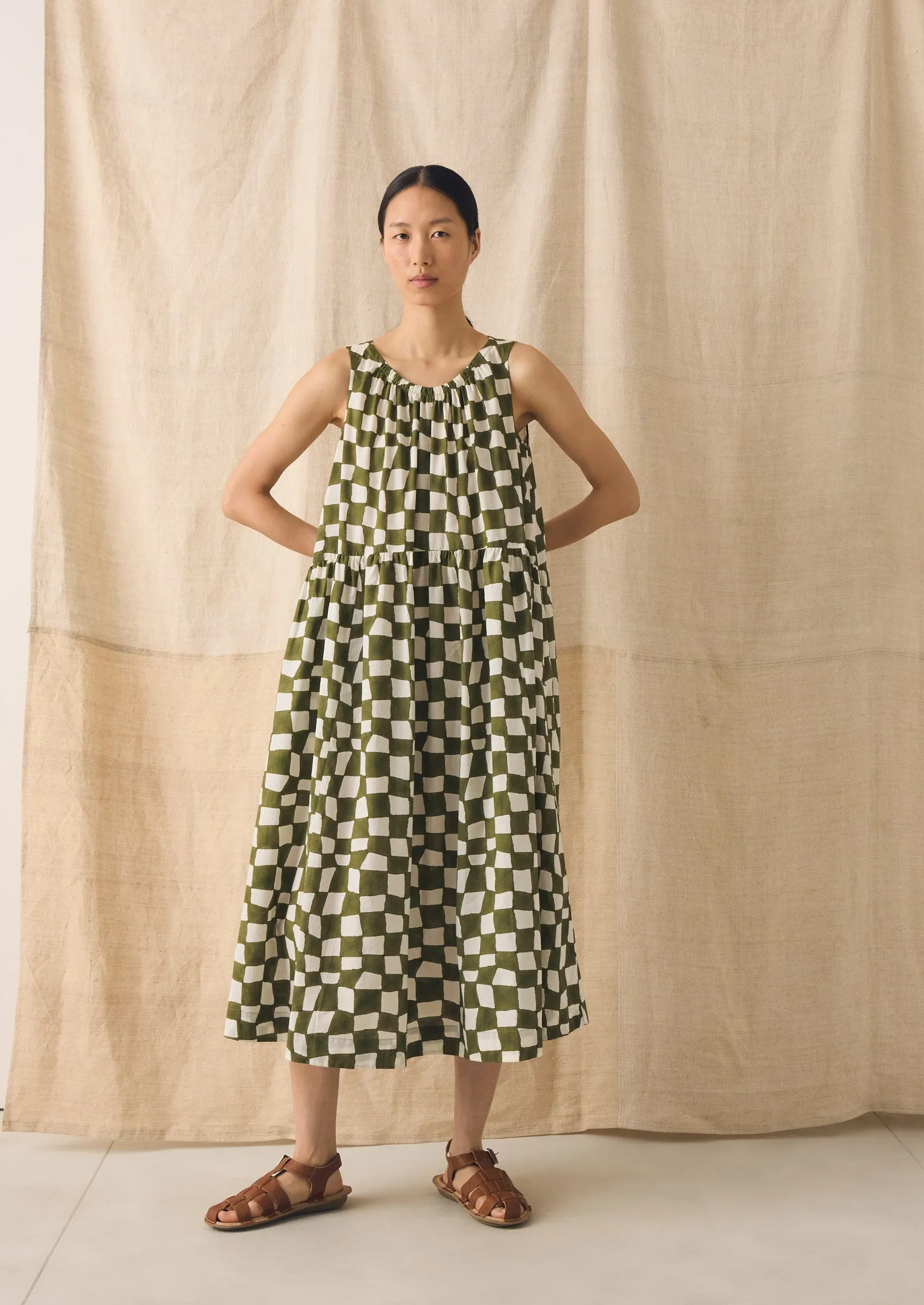 Block Print Warp Check Sleeveless Dress | Olive sold by TOAST product image thumbnail 5
