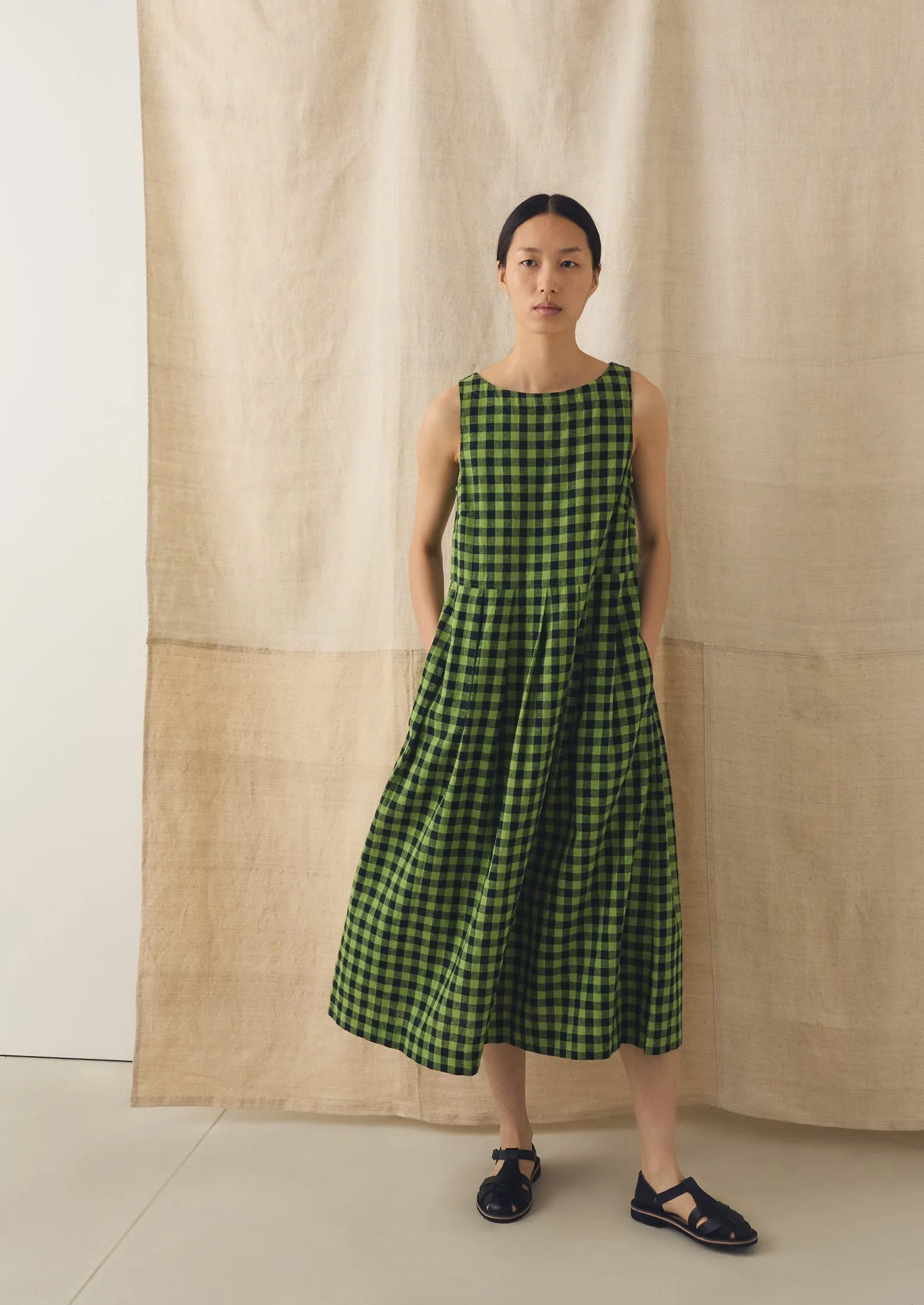 Aila Linen Cotton Gingham Check Dress | Beetle Green sold by TOAST product image thumbnail 5